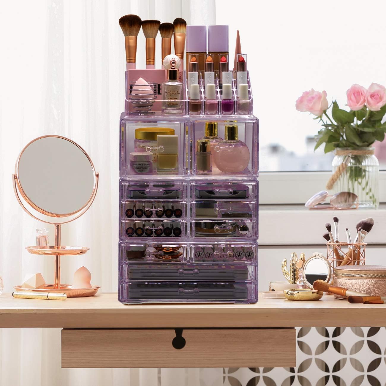 Sorbus Large Makeup Organizer - Clear Stackable Jewelry & Makeup Organizer For Vanity, Bathroom Storage, Dresser - 12 Drawers Cosmetic Beauty Organizers and Storage with Lipstick, Makeup Brush Holder