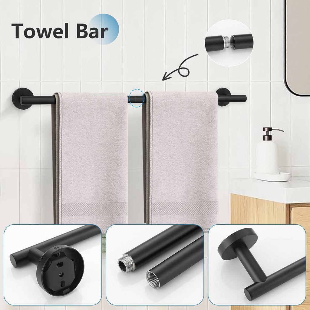10 Pieces Matte Black Towel Bar Set Bathroom Hardware Accessories Set Upgraded Towel Hooks Towel Holder Set for Bathroom Stainless Steel Wall Mounted 23.6 Inch