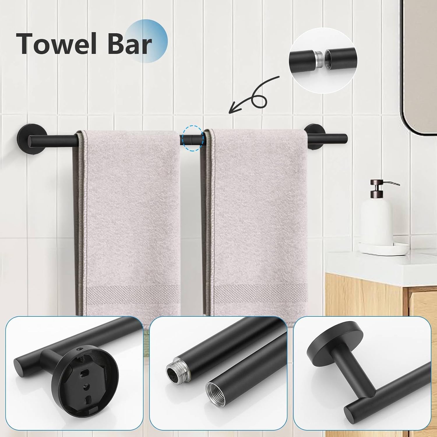 10 Pieces Matte Black Towel Bar Set Bathroom Hardware Accessories Set Upgraded Towel Hooks Towel Holder Set for Bathroom Stainless Steel Wall Mounted 23.6 Inch