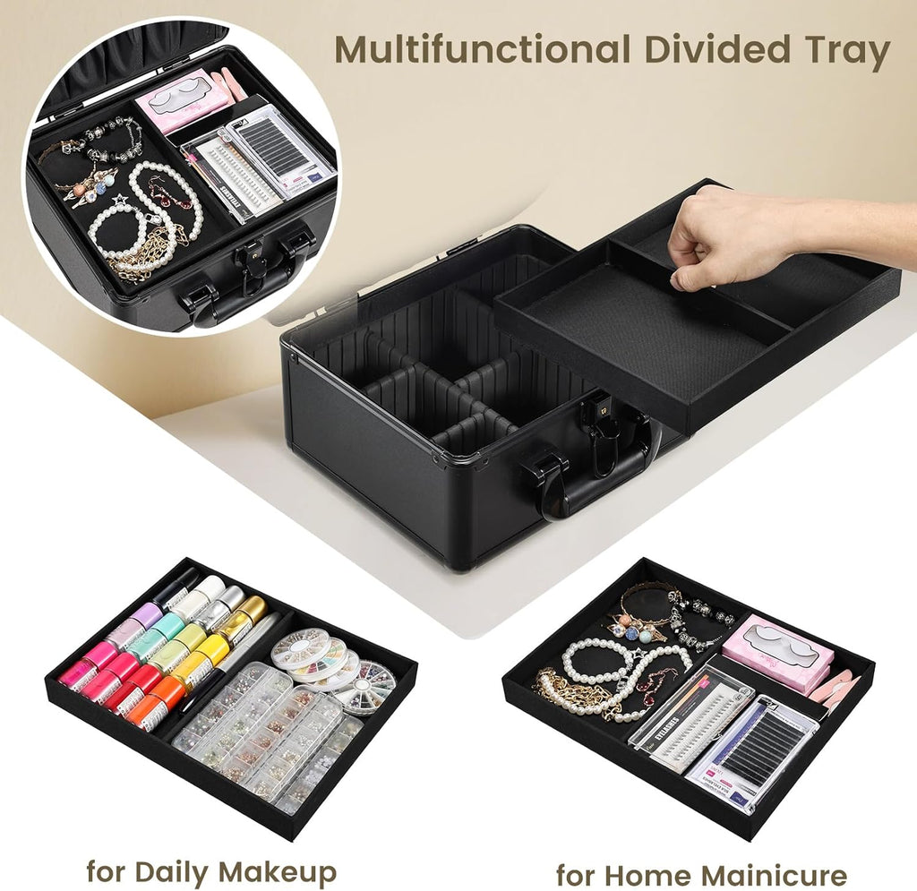 Makeup Case with Lighted Vanity Mirror, Makeup Organizer Box Travel Make up Case with LED Mirror Portable Cosmetic Train Case for Countertop Lockable Makeup Suitcase with Adjustable Dividers