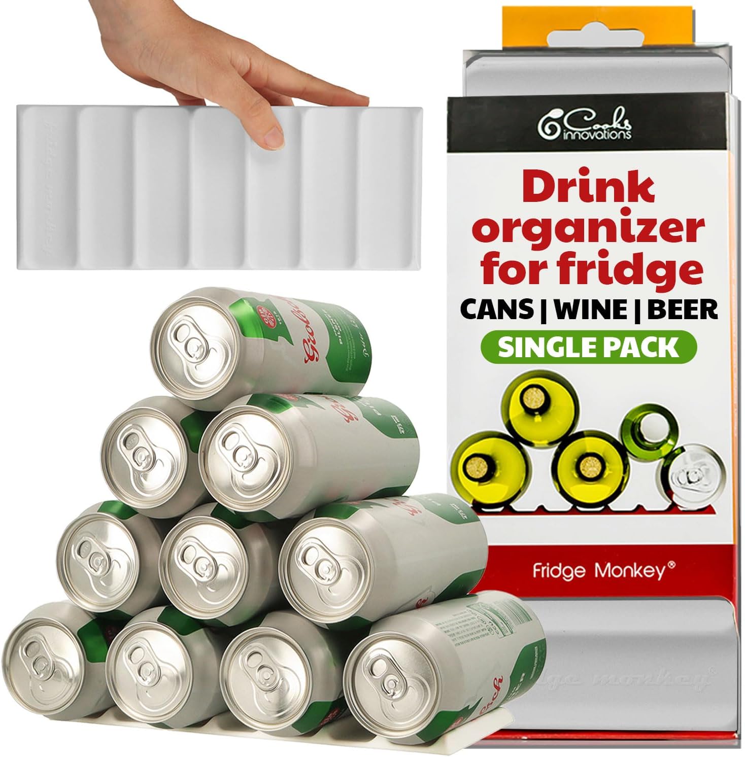 Fridge Monkey Mat - Wine & Soda Can Organizer for Refrigerator - Drink Organizer Holder Makes Cans & Bottles Stackable for Easy Storage - Space Saver for Refrigerator Organization - Cream (1 Pack)