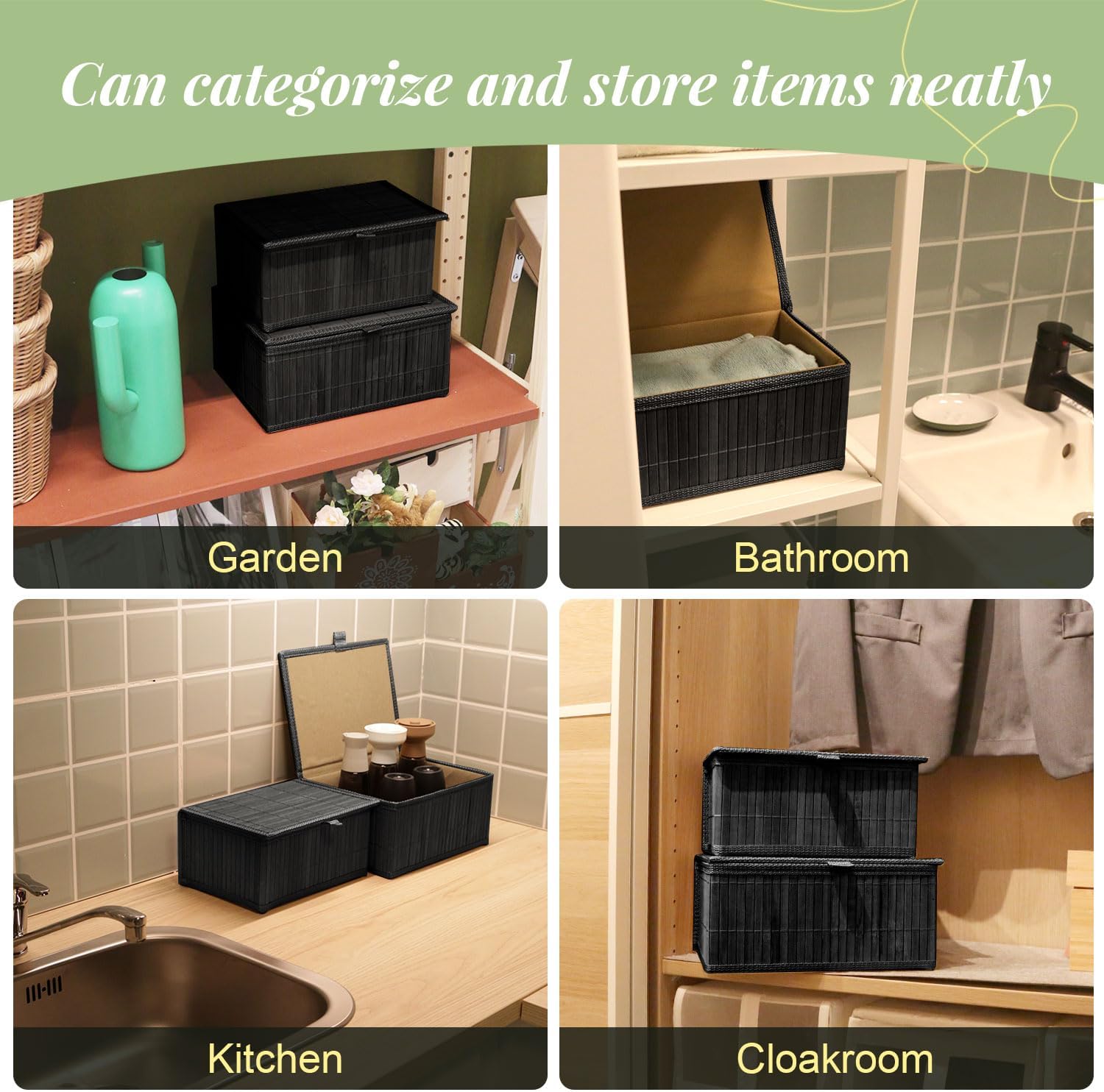 Wicker Basket With Lid Bamboo Storage Box for Shelf Bamboo Decor Storage Boxes With Lids-Rectangle Decorative Basket With Lid Organizer for Bedroom,Living Room (Set of 4,black)