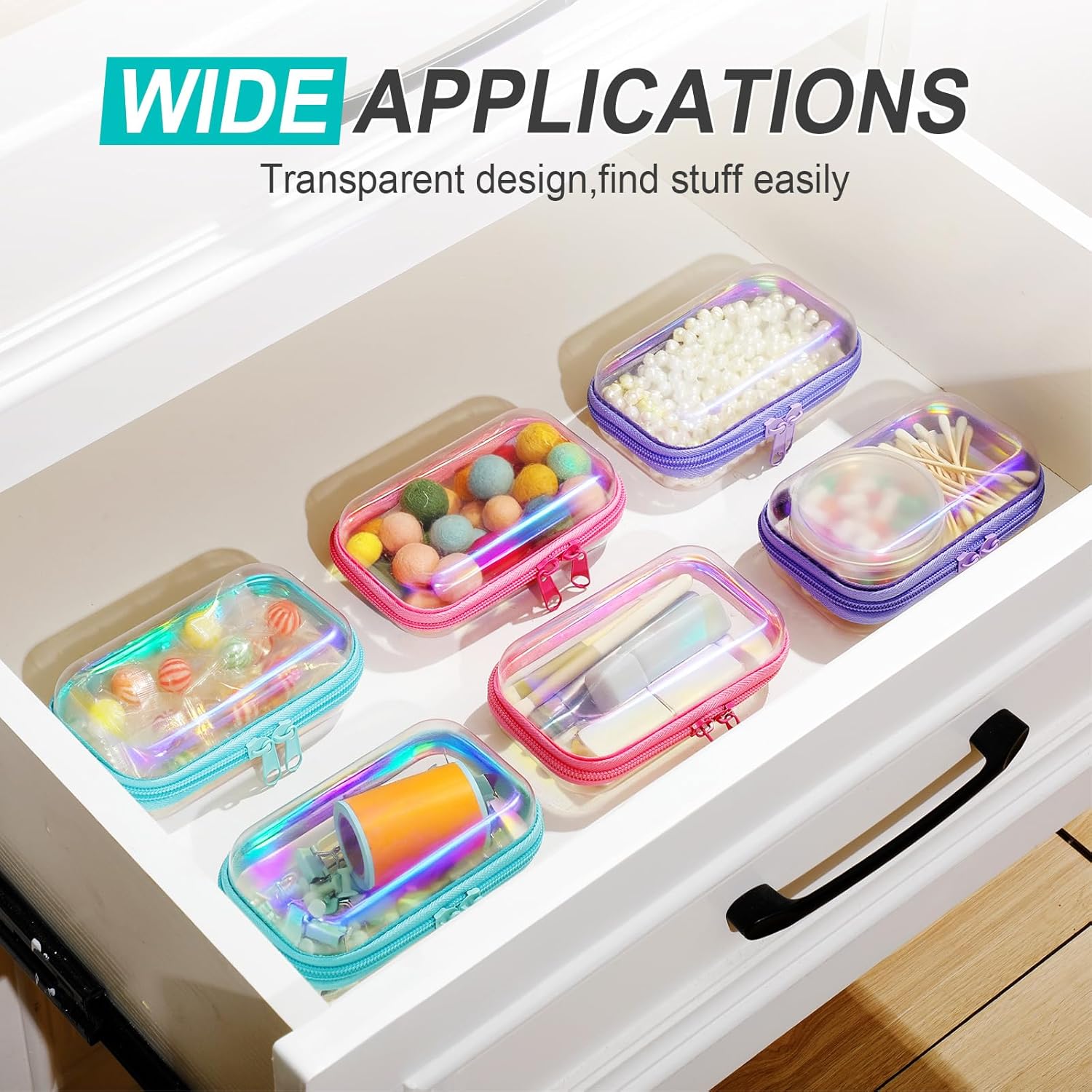 Sanwuta 6 Pcs Clear Hard Zipper Case Hard Plastic Zipper Pouches Transparent Makeup Bag Pencil Pouches for Travel Snacks Christmas Trinket Storage Organizer Box(Holographic,5 x 3 x 2 Inch)