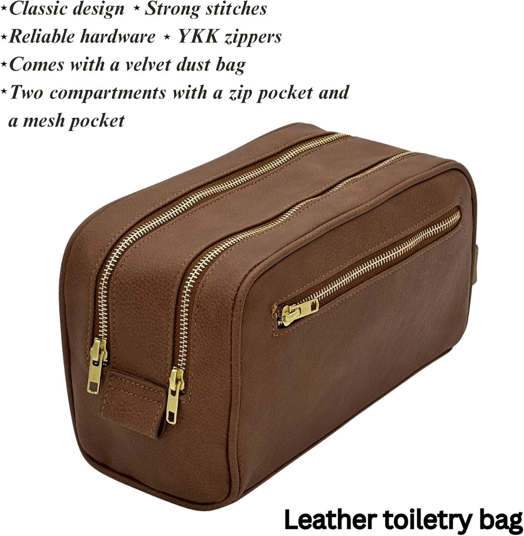 Dopp Gift Large Travel Toiletry Bag Premium Quality PU Leather Two compartments YKK Zippers Water-resistant Bottom Studs Mesh Pockets Durable Cosmetic Organizer BROWN