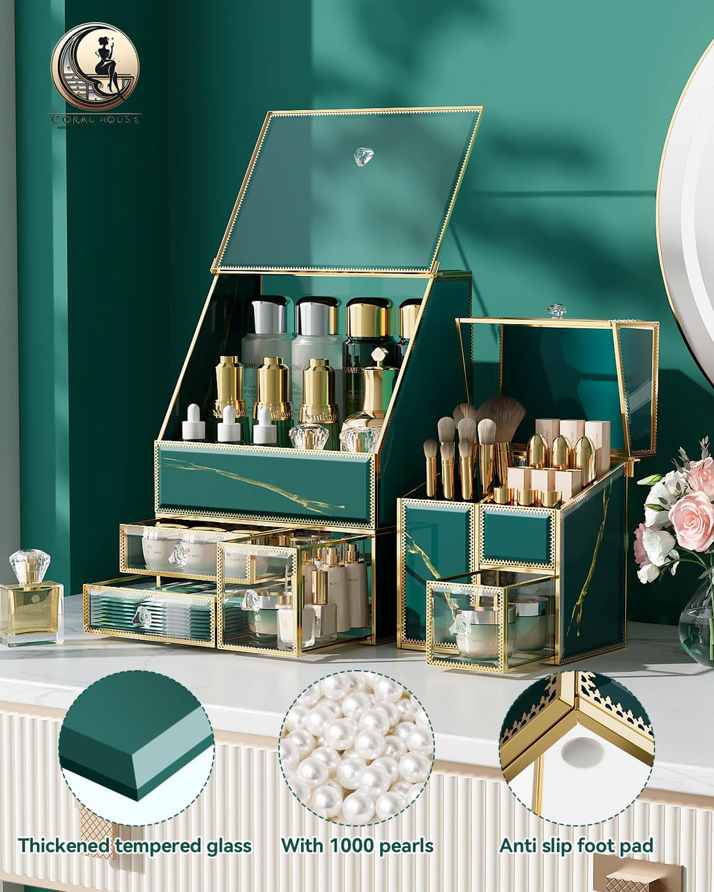 Makeup Organizer Green– Large Vanity Organizer for Skincare, Lipsticks, Perfume & Brushes – Countertop Cosmetic Storage Box for Women, Bathroom or Dresser.