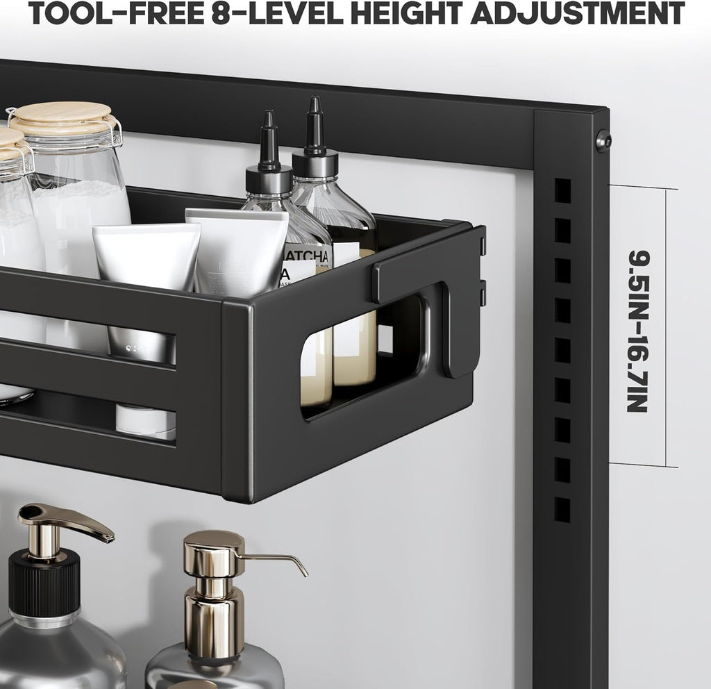 1 Pack Under Sink Organizer,Pull Out Cabinet Organizer with Smooth Cylindrical Rail,Metal Slide Out Drawer for Kitchen Bathroom Laundry Cabinet,8-Level Tool Free Height Adjustable-Black