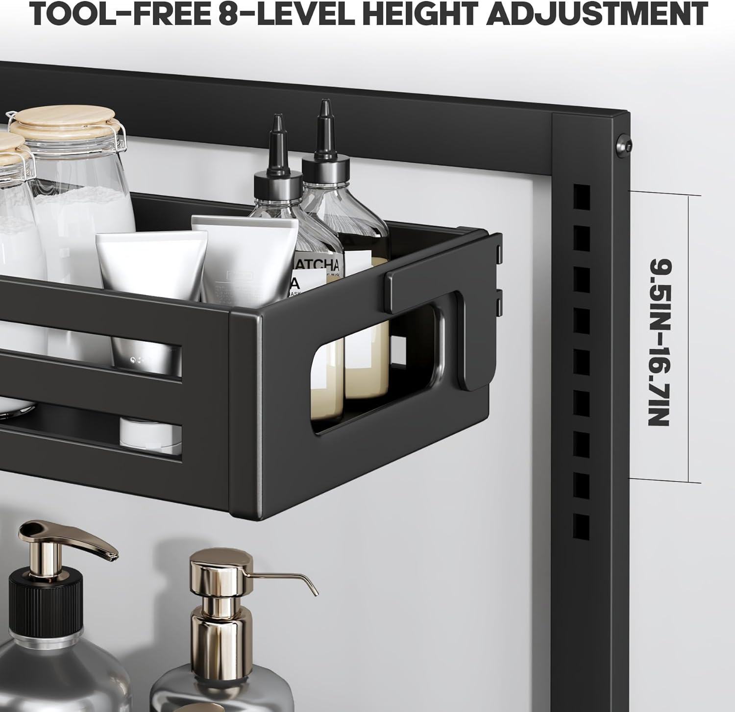 1 Pack Under Sink Organizer,Pull Out Cabinet Organizer with Smooth Cylindrical Rail,Metal Slide Out Drawer for Kitchen Bathroom Laundry Cabinet,8-Level Tool Free Height Adjustable-Black