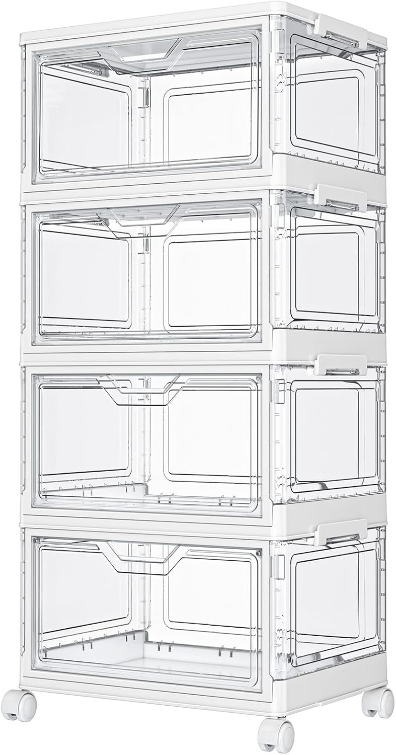 Clear Storage Bins with Lids,4 Tier Plastic Bins with Wheels,Stackable Storage Bin,Closet Organizers Box for Bedroom,Living Room,Toy,23 QT Folding Box with Magnetic door