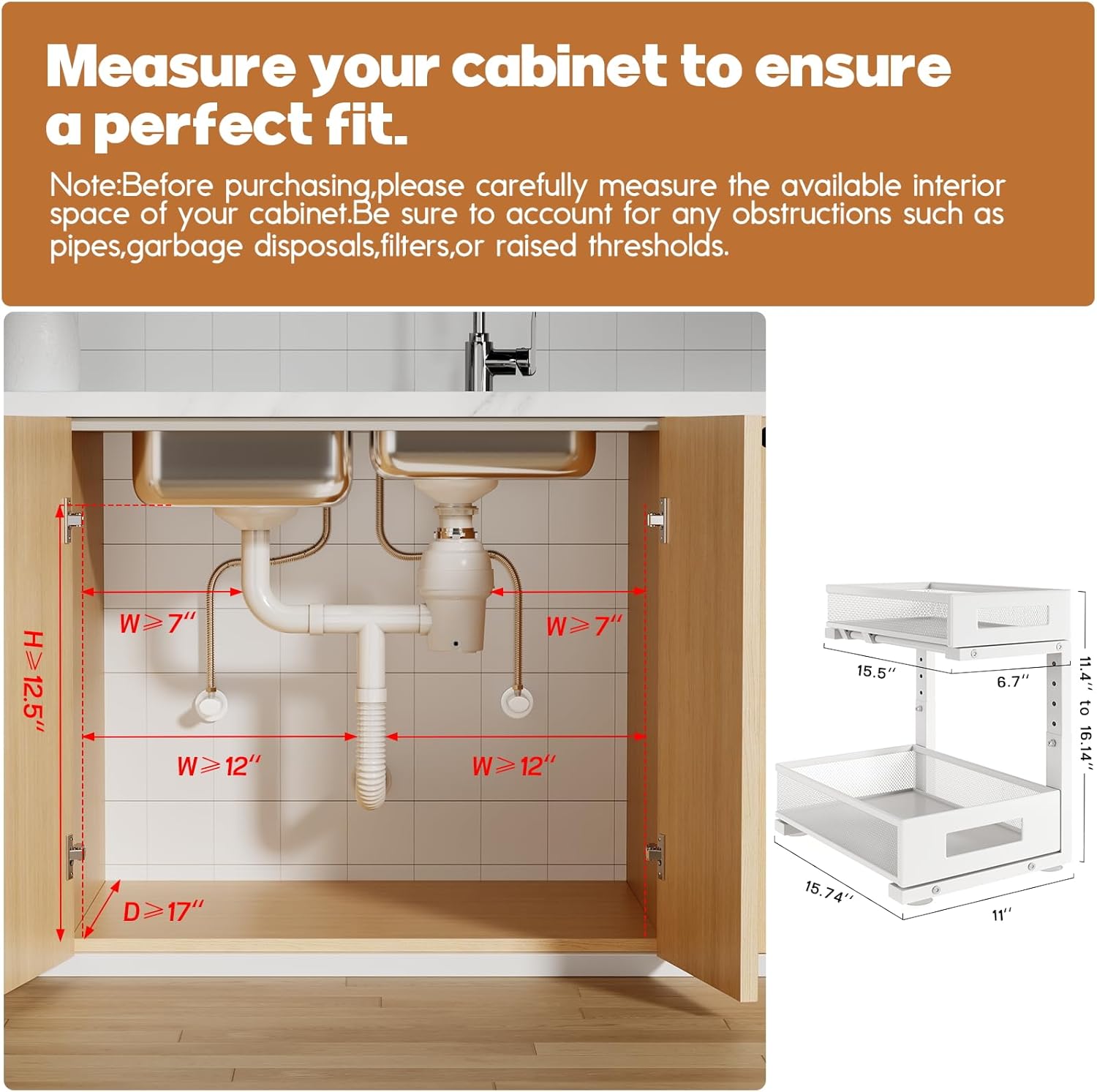 1 Pack-11.4"-16.14"H Under Sink Storage Organizer, Large 2-Tier Elegant Mesh Pull Out Shelf for Kitchen and Bathroom Cabinet Organization, L-Shaped and Adjustable Height Design for Maximum Space-White