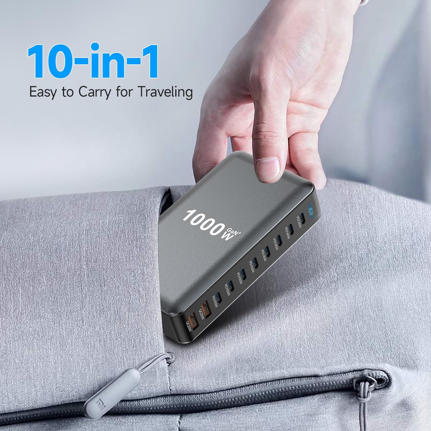 1000W 10-Port GaN 4 Desktop Charging Station with 240W 6.6 ft Data Cable - Compatible with Tablets, Phones, Laptops, Gaming Consoles, Headphones