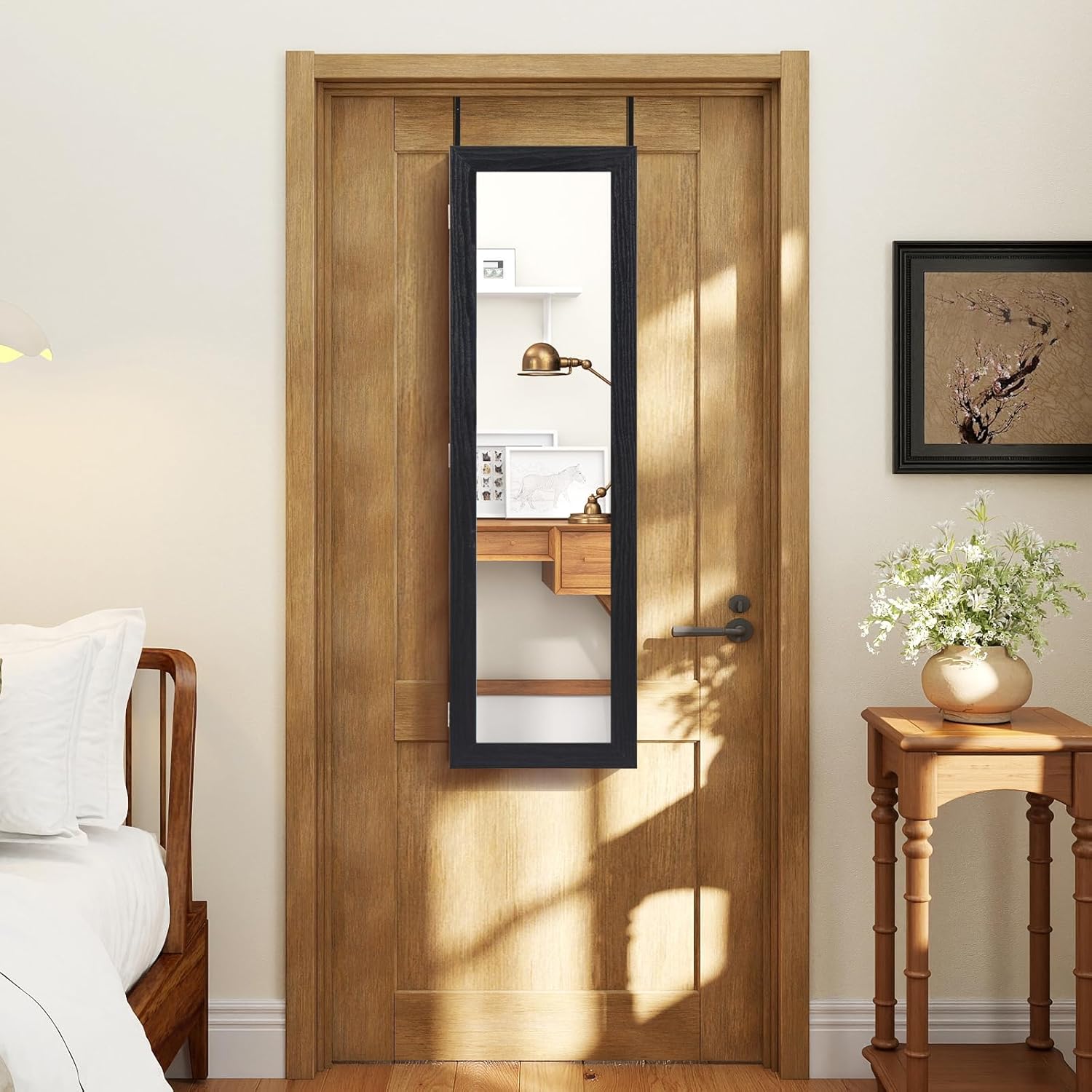 COSTWAY Full Length Mirror Jewelry Cabinet, Wall Door Mounted Jewelry Organizer with Makeup Mirror, Ring Slots & Necklace Hooks, Large Storage Jewelry Armoire for Bedroom, Dressing Room (Black)