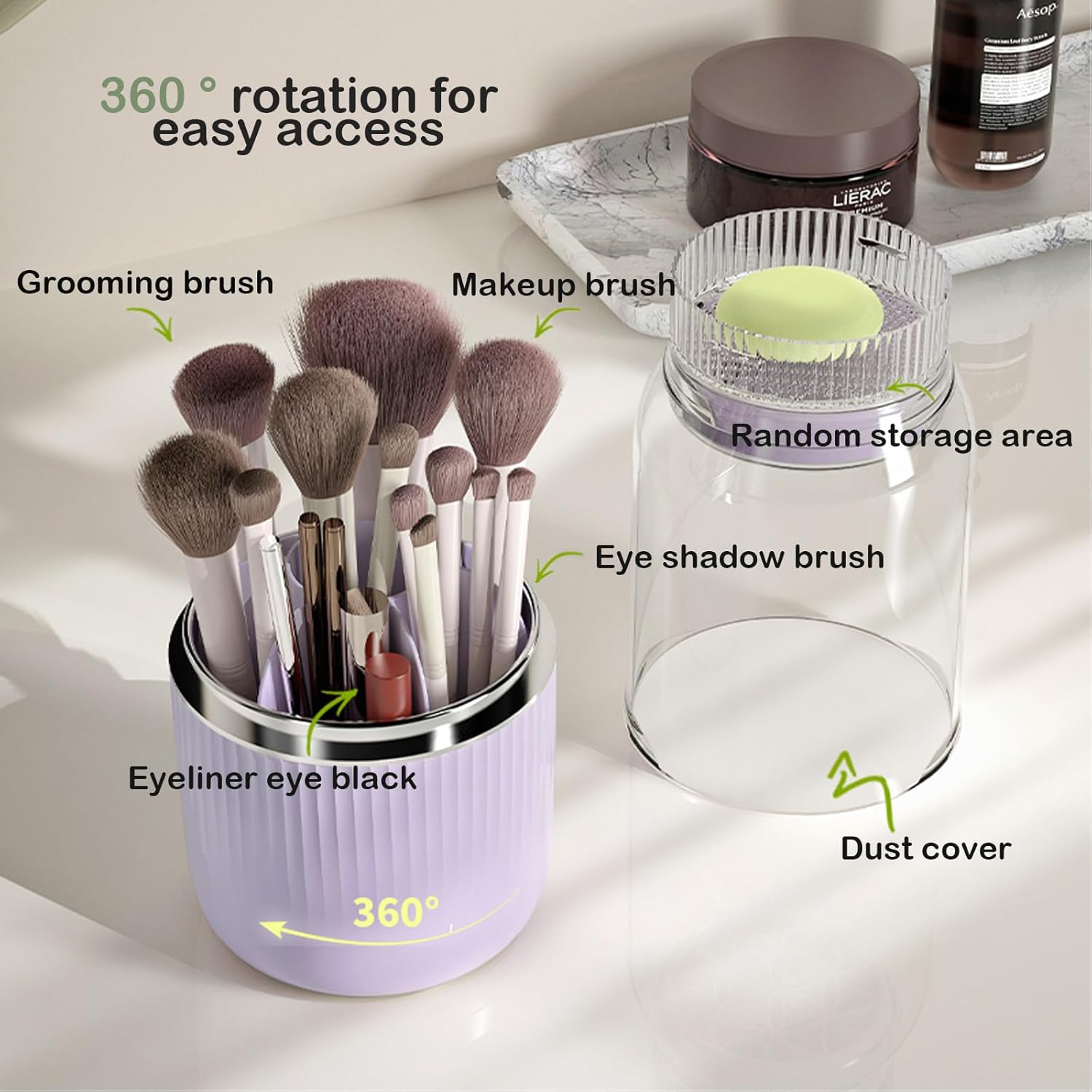 360° Rotating Makeup Brush Holder Organizer,Makeup Brush Holder with Cleaning and Drying Function,Cosmetic Display Case with Cover,Makeup Organizer for Vanity,Desktop,Bathroom(Cream)