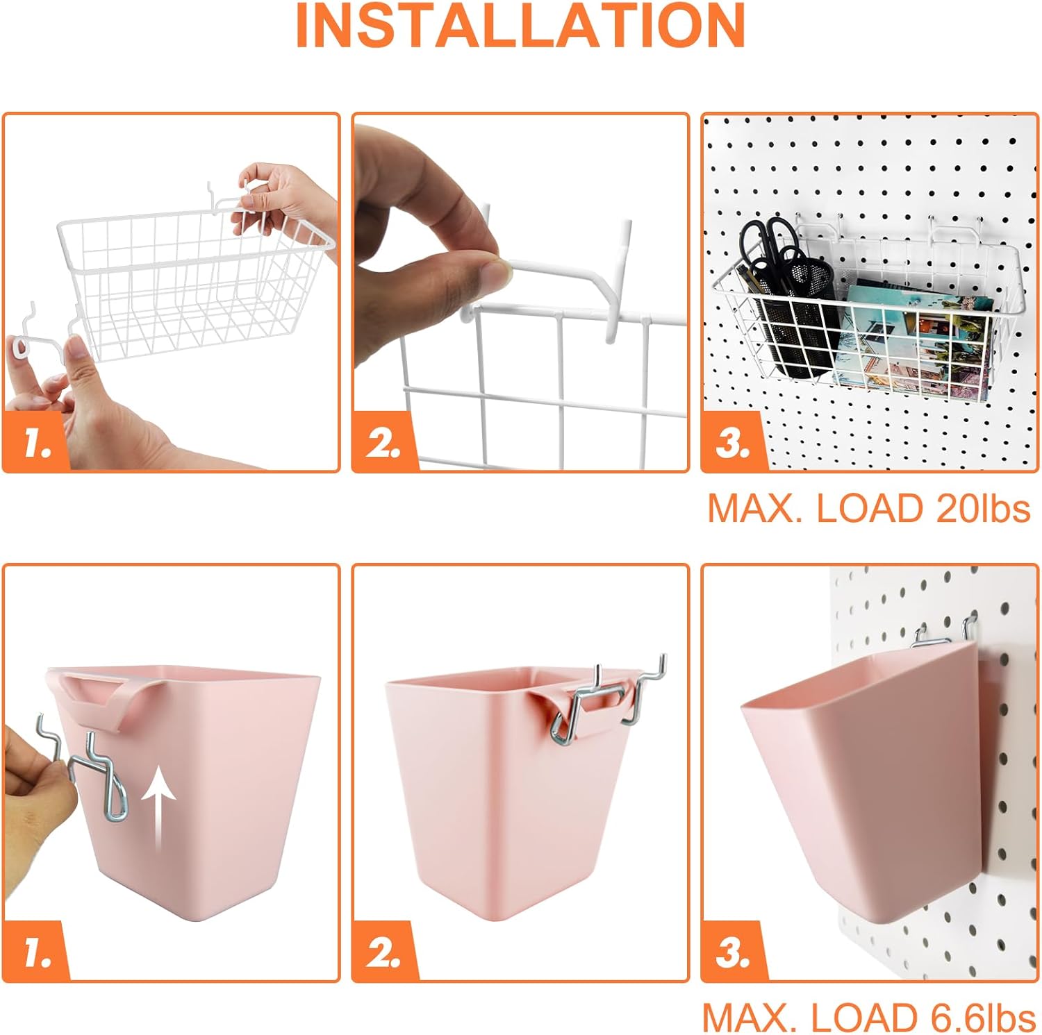 Pegboard Basket Organizers, Peg Board Large Baskets Hooks Bins Cups Tool Organizer 6 Pack Set, Wall Storage Display Hanging Accessories for Craft Office Stadio Shed Garage Organization (White & Pink)