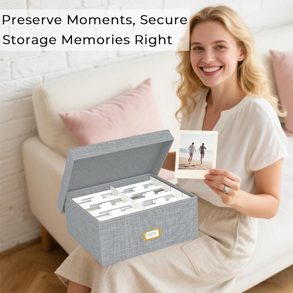 Decorative Photo Storage Box - Linen Photo Box Organizer with Dividers, Fits Holds Up to 1700 Pictures and 4x6 Photos, Memory Keepsake Organizer for Photos, Scrapbook Supplies, Cards, Stamps (Grey)