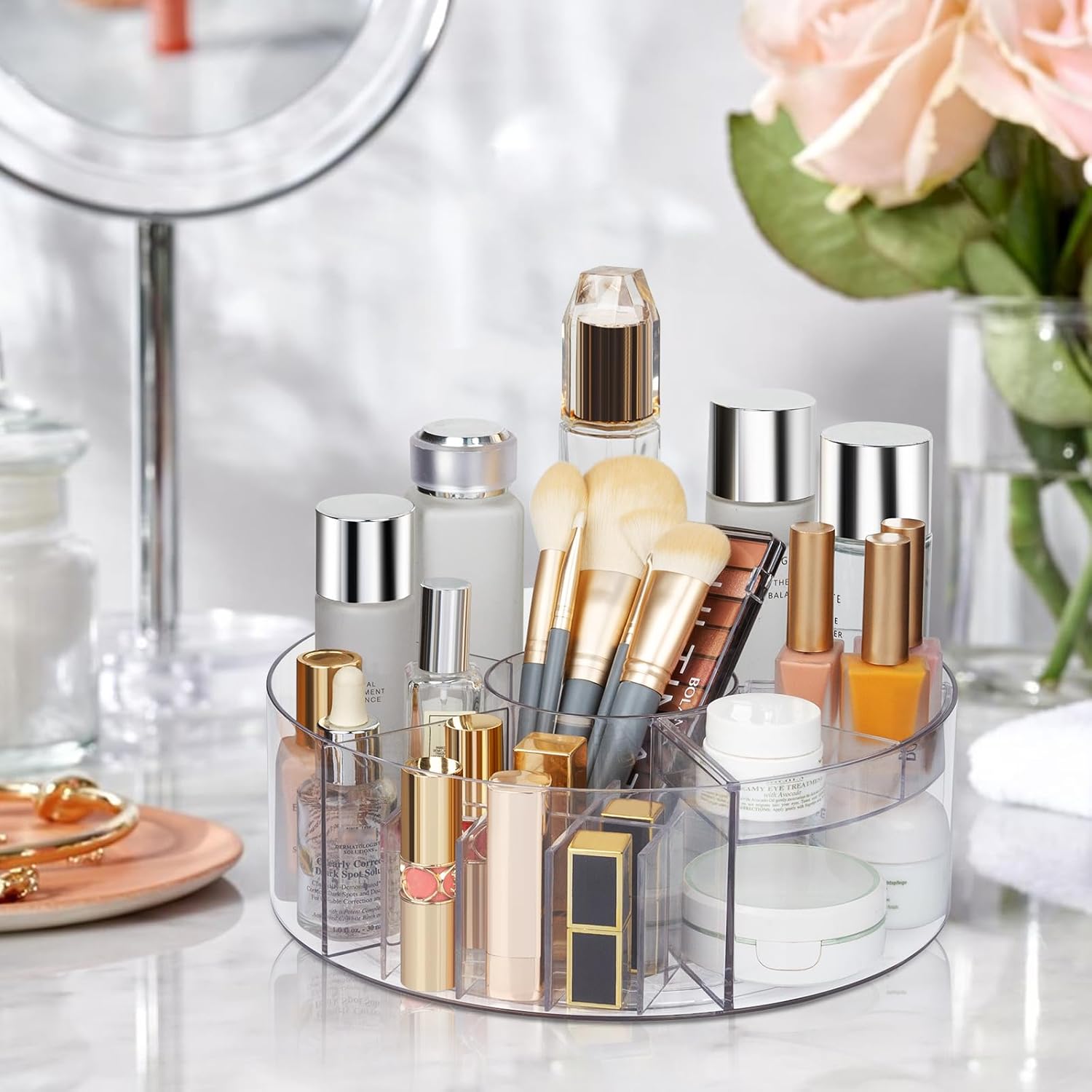 360° Rotating Makeup Organizer, 10" Clear Turntable Lazy Susan Organizer for Vanity, Bathroom Counter, Cabinet, Spinning Cosmetic Storage Holder with 6 Dividers for Skincare, Makeup Brushes, Lipsticks