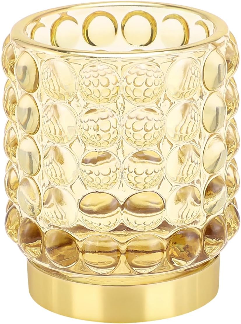 DASITON Makeup Brush Holder Organizer, Crystal Cosmetic Make Up Brush Holder, Glass Makeup Brushes Storage Organizer, Vintage Make Up Cup Desk Pen Pencil Holder, Toothbrush Holders (Yellow S)