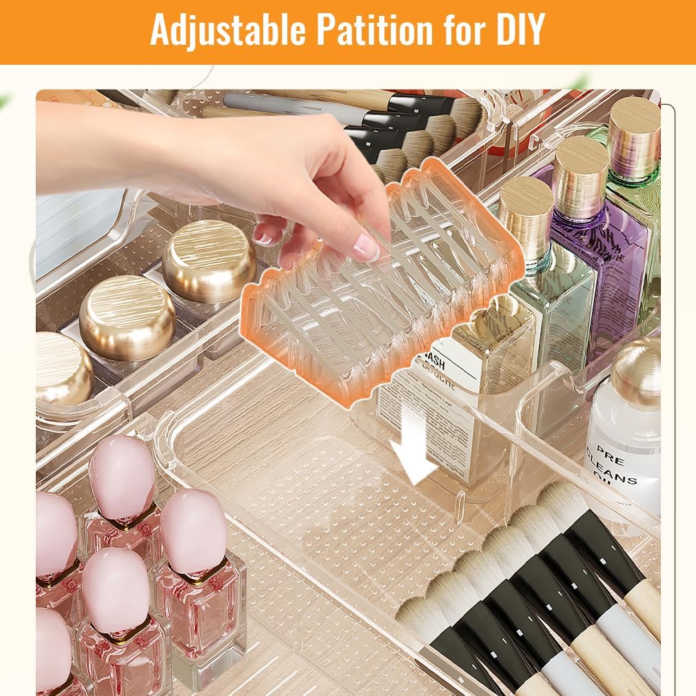 Expandable Drawer Organizer Tray from 11” to 19.1”, Adjustable Silverware in Drawer Holder, Clear Plastic Drawer Storage with Sliding Dividers for Utensil, Cosmetics, Toiletries, Offices