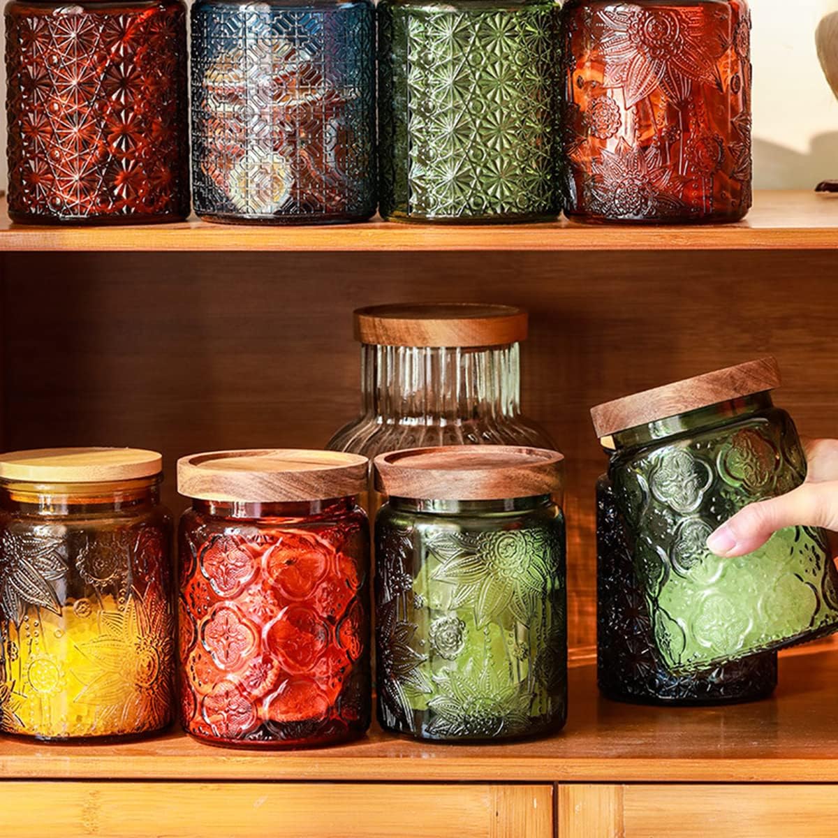 Set of 2 Vintage Glass Jars, Green Glass Storage Jars with Solid Wood Lids (23.7 oz) for Kitchen, Pantry, Candy, Flour, Oatmeal, Coffee Beans, Pet Food, Laundry Detergent, Cute Jar (Green, 2 Pack)