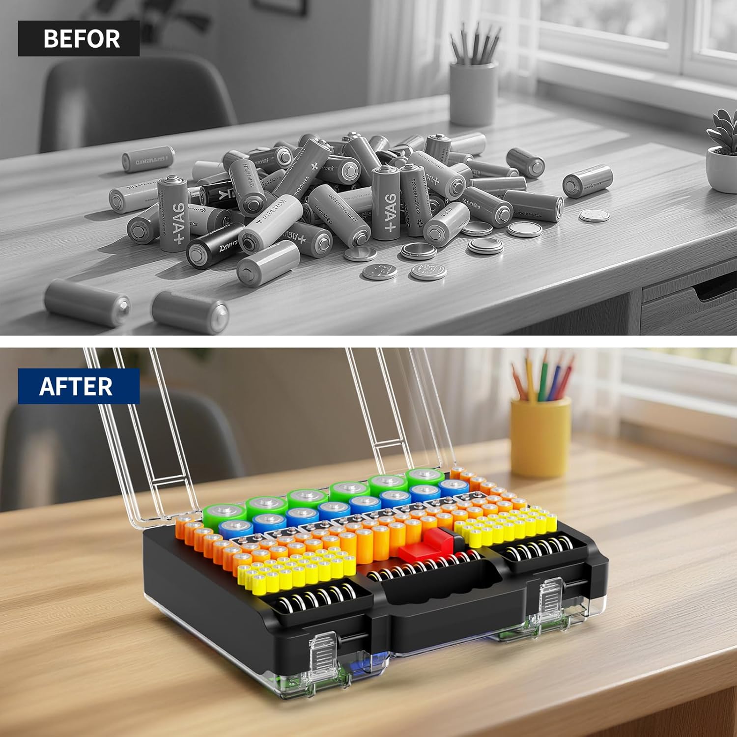 Battery Organizer Storage Holder Box Case with Tester, Stores & Protects Up to 260 Batteries, Double-Clear Locking Lid, Holds AA AAA C D and More (Not Includes Battery Pack) - Black