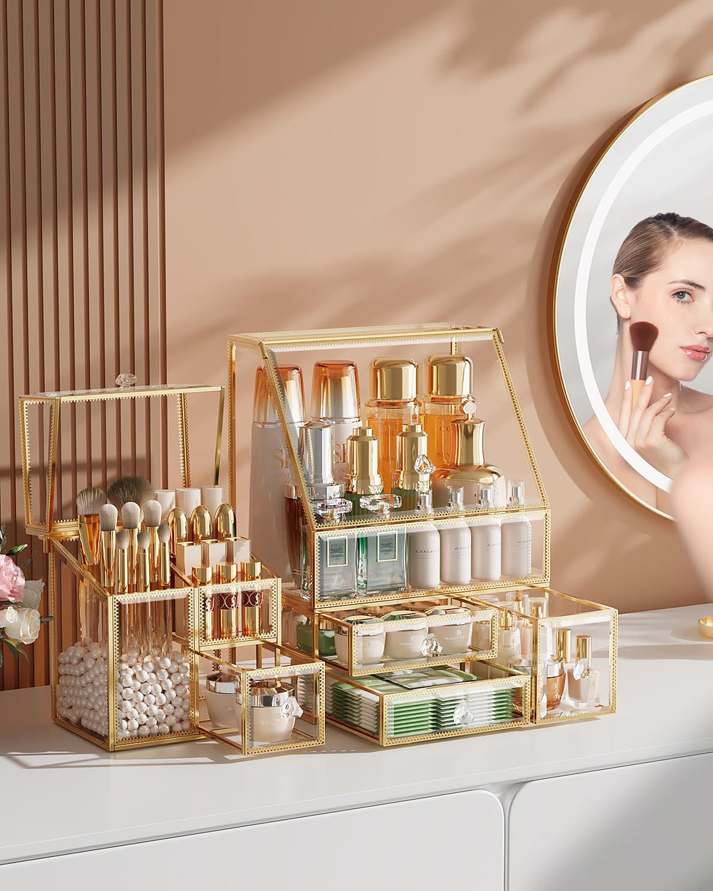 Clear Makeup Organizer with Gold Frame – Countertop Vanity Organizer for Skincare, Lipsticks, Perfume & Brushes – Bathroom Cosmetic Storage Display Box