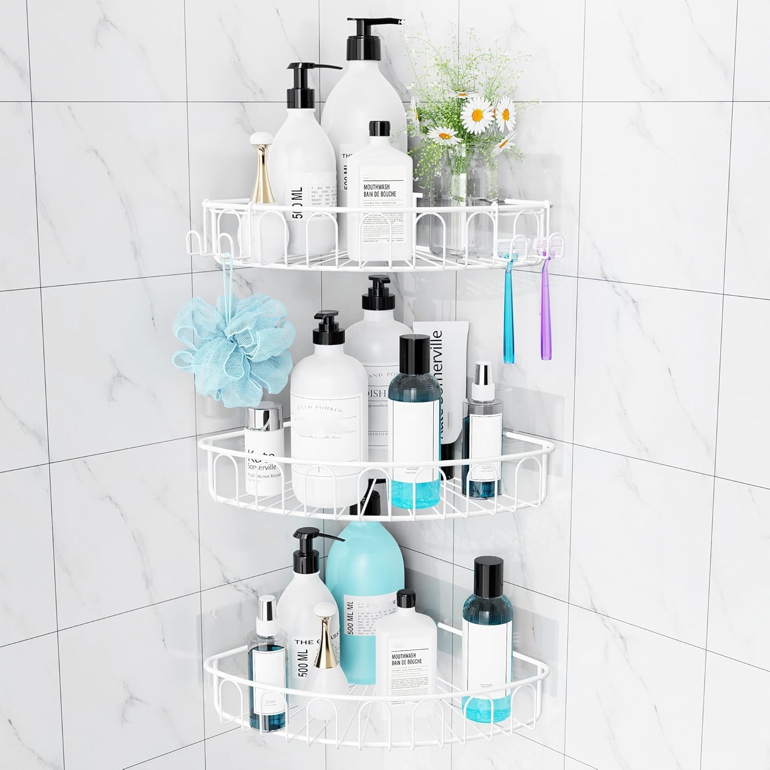 Orimade Corner Shower Caddy Stainless Steel with Hooks Wall Mounted Bathroom Shelf Storage Organizer Adhesive No Drilling 3 Pack, White Only for 90-Degree Corner