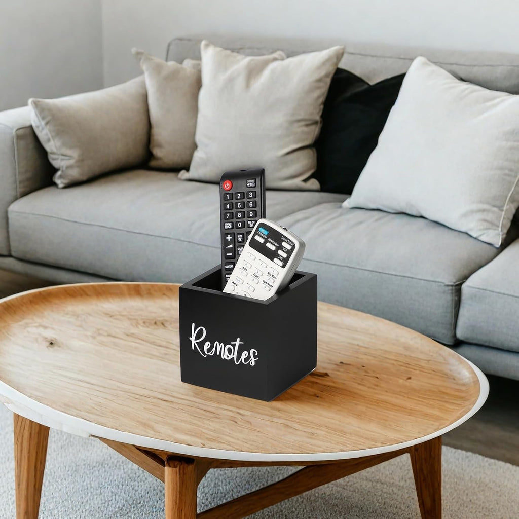 Wood Remote Control Holder, TV Remote Control Organizer for Home Bedroom Table, Multi-Purpose Desktop Storage (Black, S,for 2 or 3 Remote Controls)