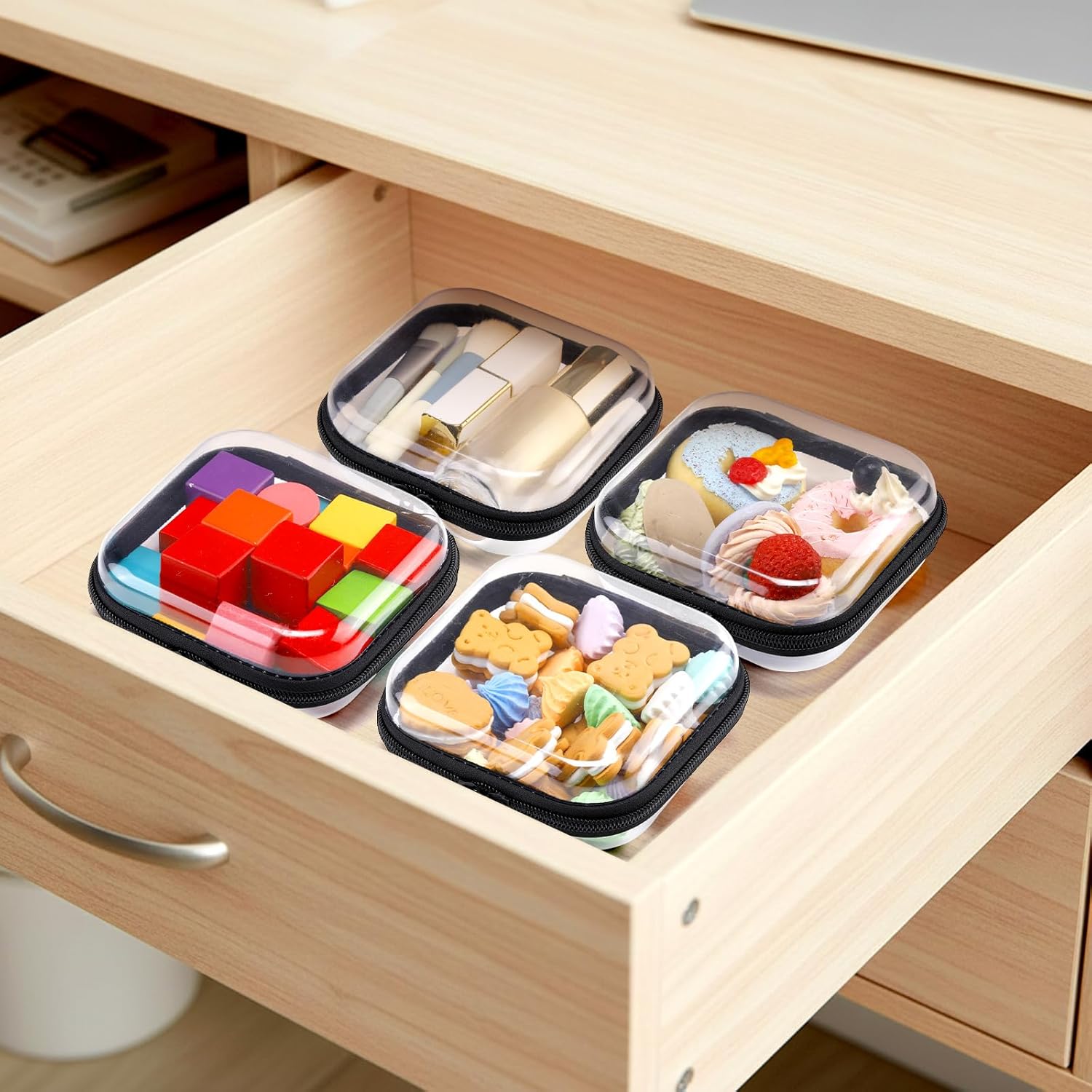 Sanwuta 6 Pcs Clear Hard Zipper Case Hard Plastic Zipper Pouches Transparent Makeup Bag Pencil Pouches for Travel Snacks Christmas Trinket Storage Organizer Box(Black,5 x 5 x 2 Inch)