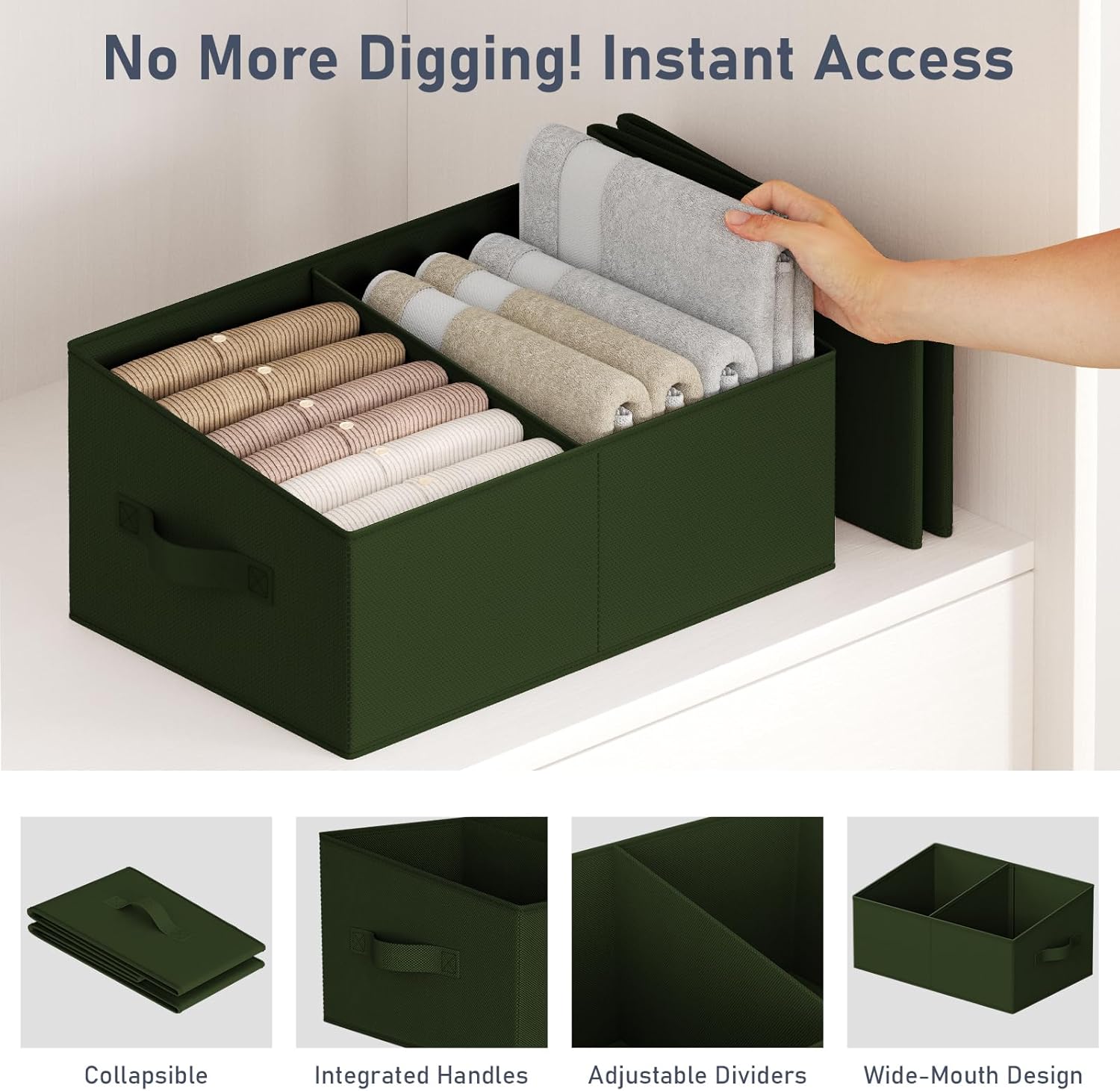 DIMJ Large Closet Shelf Organizer Bins 8 Packs with Handles and Divider, Fabric Trapezoid Storage Baskets, Foldable Clothes Containers Box for Shelf, Towel, Book, Toy, Purse, Hats, Green