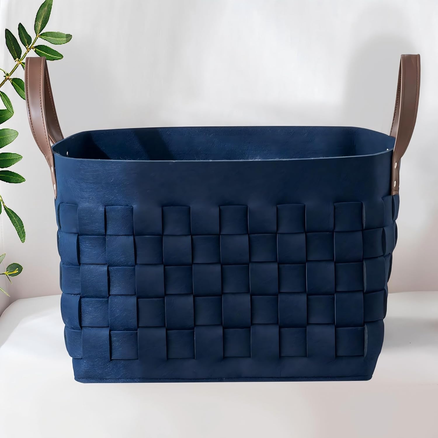 boldmonkey Blankets Basket 16.5 " x13 x13 , Extra Large Rectangular Laundry Hamper with Leather Handle, Soft Dog Toy Basket for Storage-Navy Blue