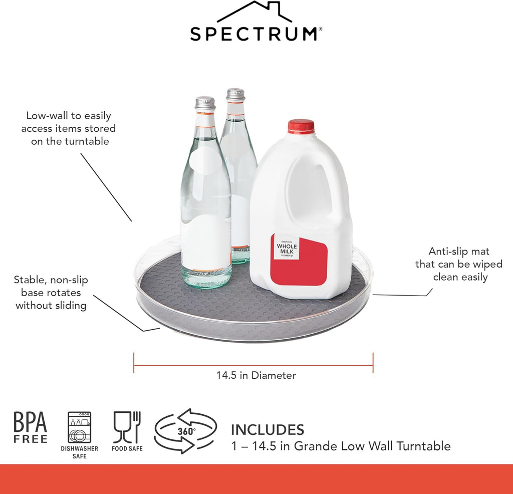 Spectrum XXL Lazy Susan Organizer 14.5 in for Large Cabinet Fridge Pantry Table Shelf Organization, Charcoal Gray Rotating Turntable Under Sink Spinning Storage for Heavy Kitchen Bath Cleaning Items