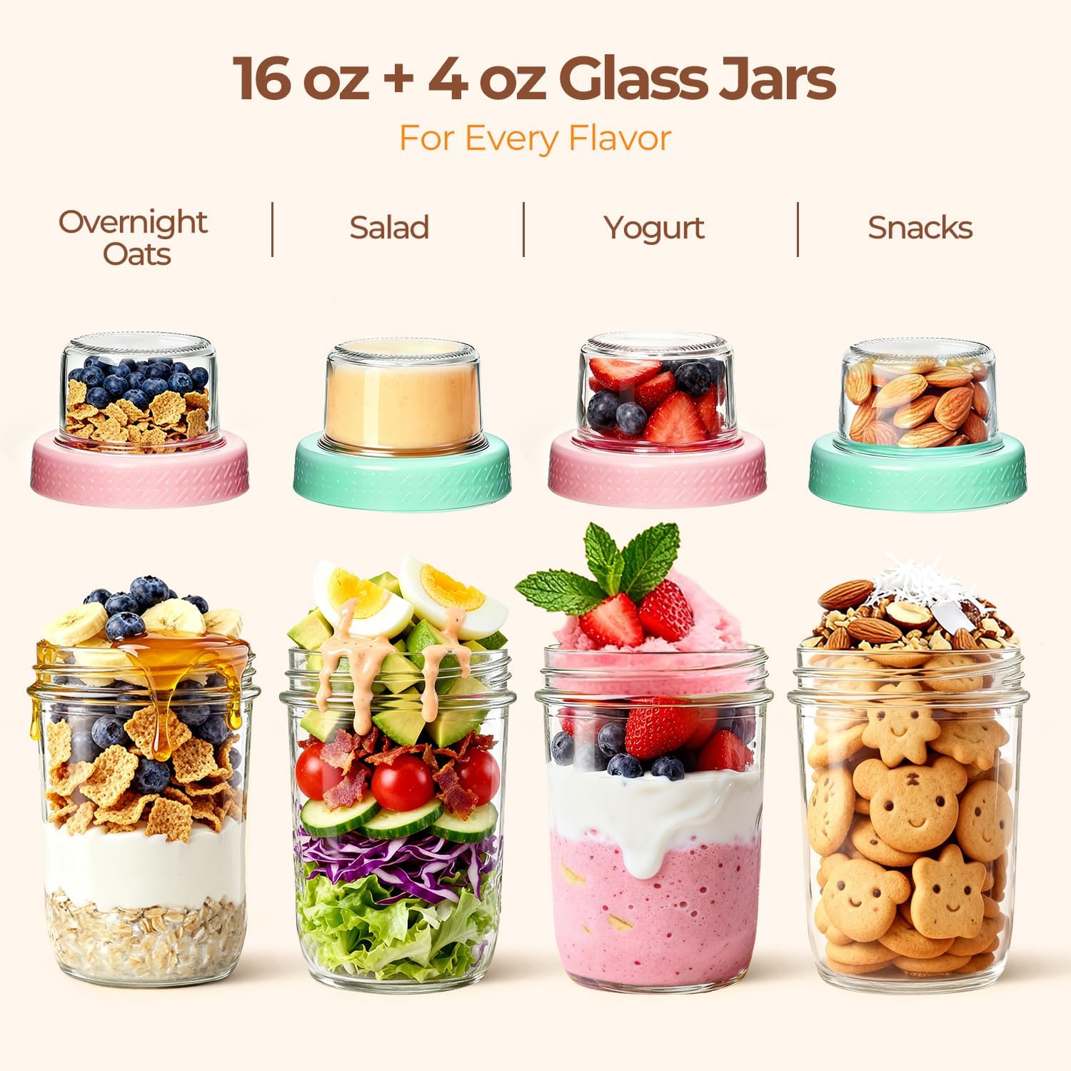 ComSaf Overnight Oats Containers with Lids (16oz+4oz, 6Pcs), Dual-Layer Chia Pudding Jars with Dry and Wet Separation, Yogurt Parfait Cups for Oatmeal Cereal Nut Fruit, Meal Prep Glass Jars for Salad