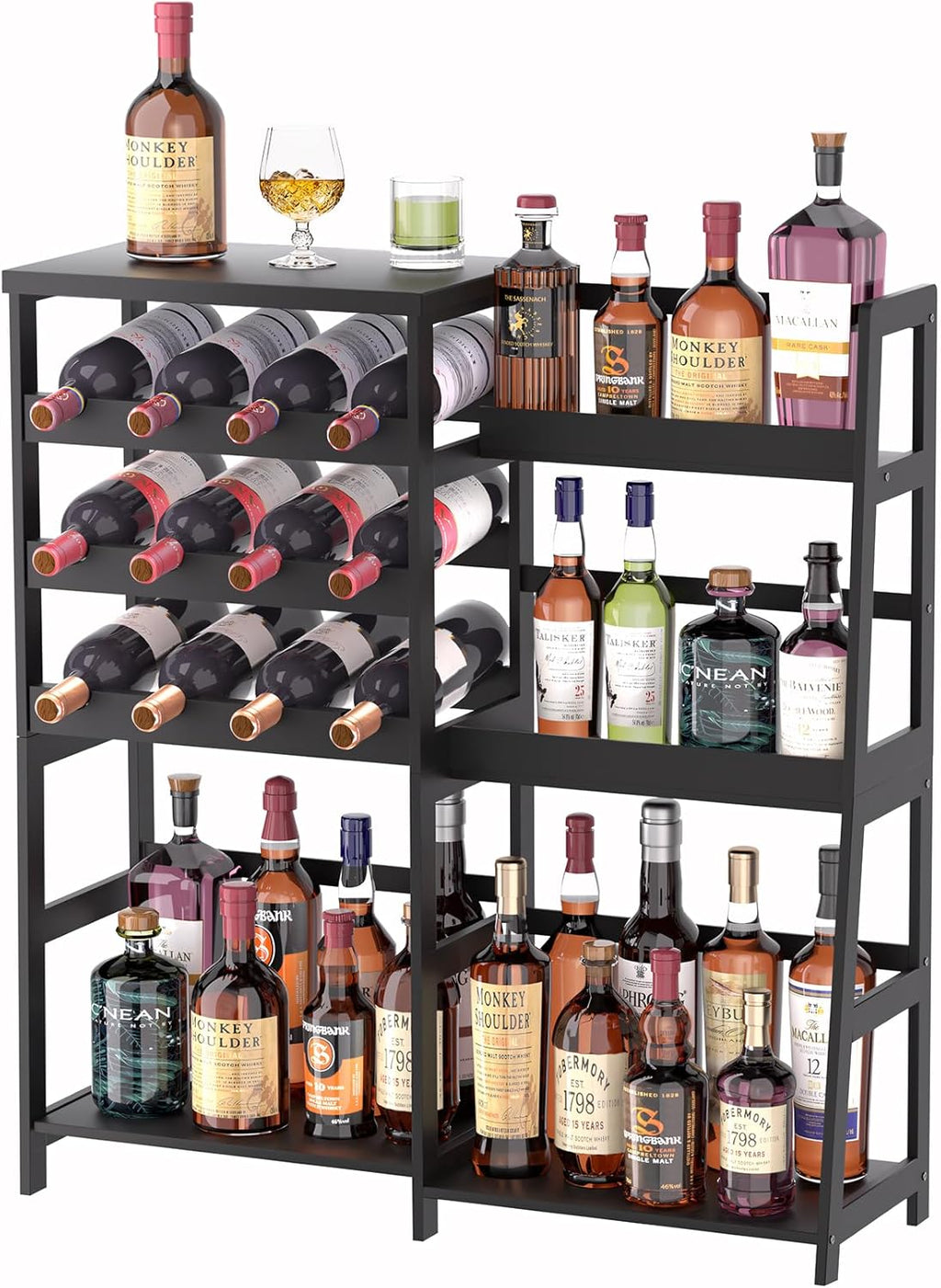 VASMIA Versatile Liquor Stand for Home Bar, Wine Rack Freestanding Floor, Mini Bar Table with Bamboo Trapezoidal Liquor Bottle Display Shelf Cabinet for Living Room, Black