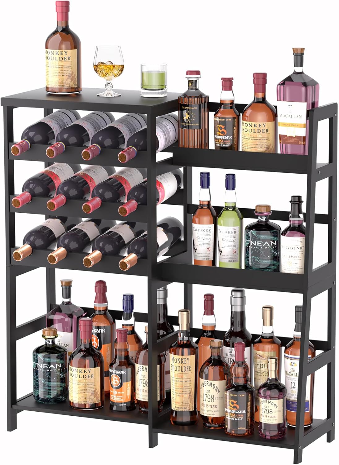 VASMIA Versatile Liquor Stand for Home Bar, Wine Rack Freestanding Floor, Mini Bar Table with Bamboo Trapezoidal Liquor Bottle Display Shelf Cabinet for Living Room, Black