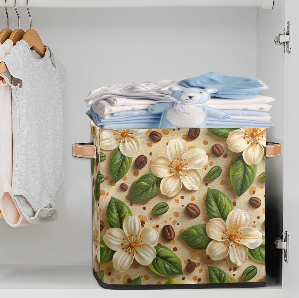 TropicalLife 13x13x13 Inch Large Fabric Storage Cube Beige Floral Print Foldable Storage Bin with Handles Organizer Boxes Cube Basket for Shelves Organizing Closet