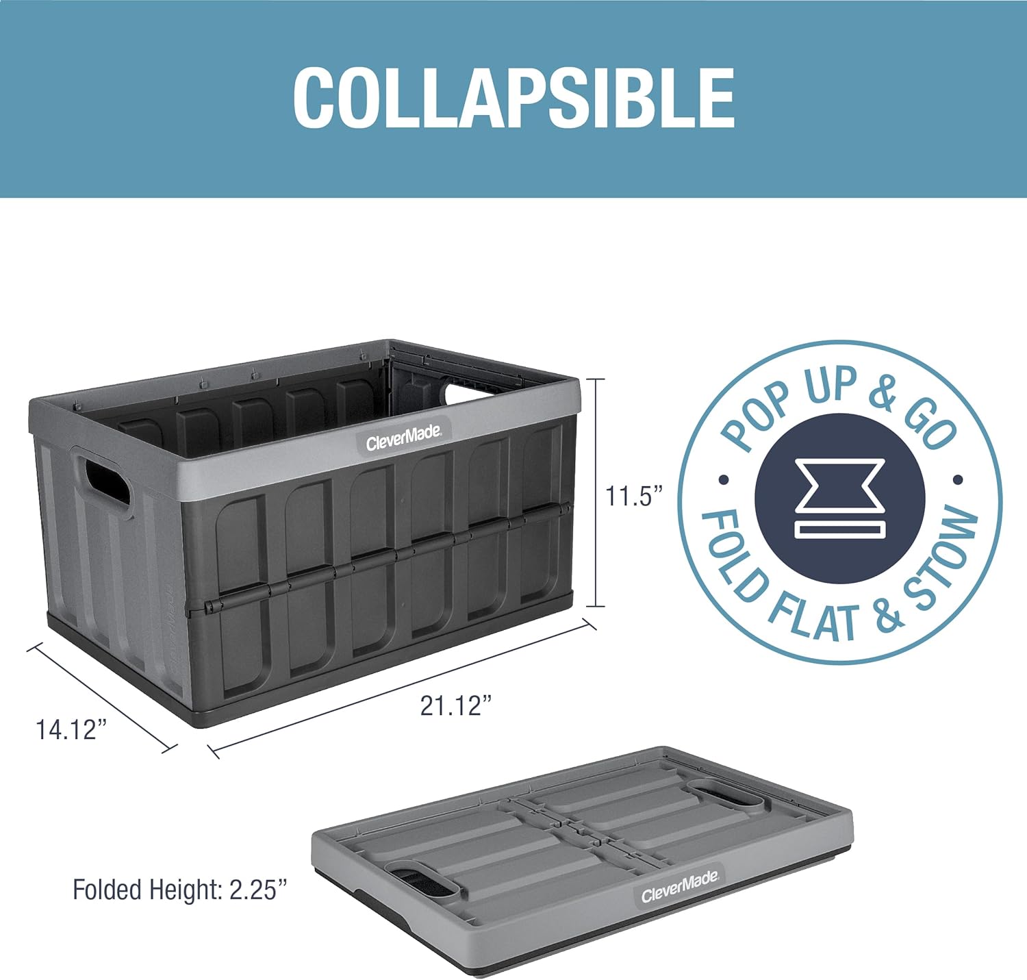 CleverMade Collapsible Storage Bins - Stone 1 Pack 46L - Stackable Containers Heavy Duty Capacity Folding Crates - Space-Saving for Home