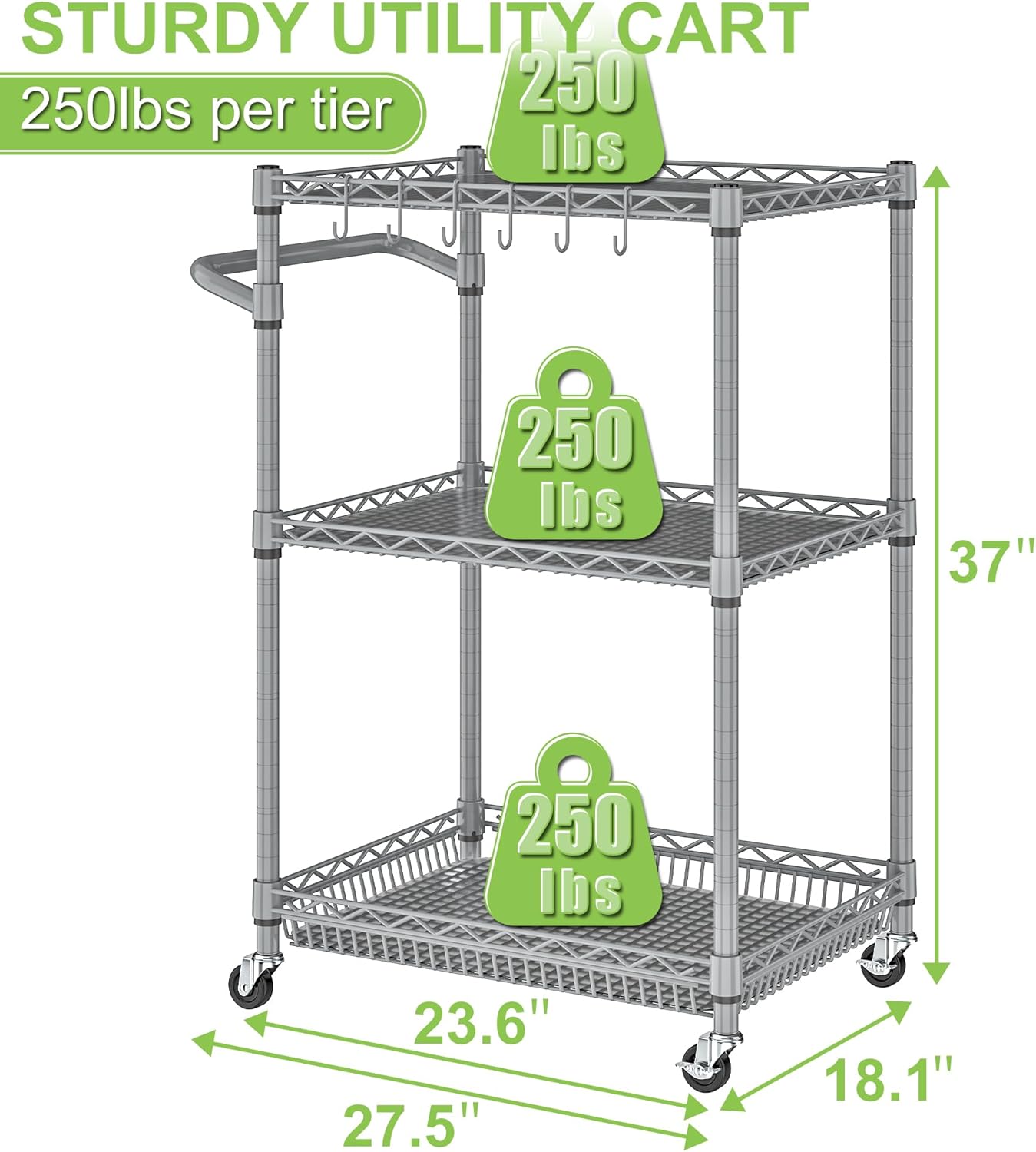 3 Tier Rolling Utility Carts with Wheels Heavy Duty Storage Cart 750Lbs Capacity Adjustable Kitchen Metal Organizer Cart with Handle & Shelf Liner Commercial Service Trolley for Indoor & Outdoor Use