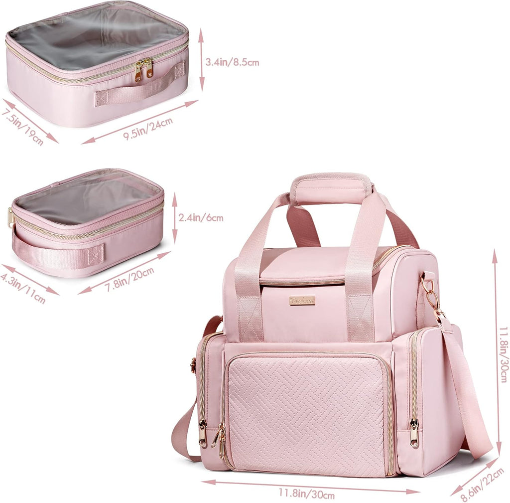 Large Makeup Cosmetic Bag with 3 Removable Case, Double Layer Travel Makeup Organizer Case with Inner Dividers and Makeup Brushes Storage Section, Pink (Patented Design)