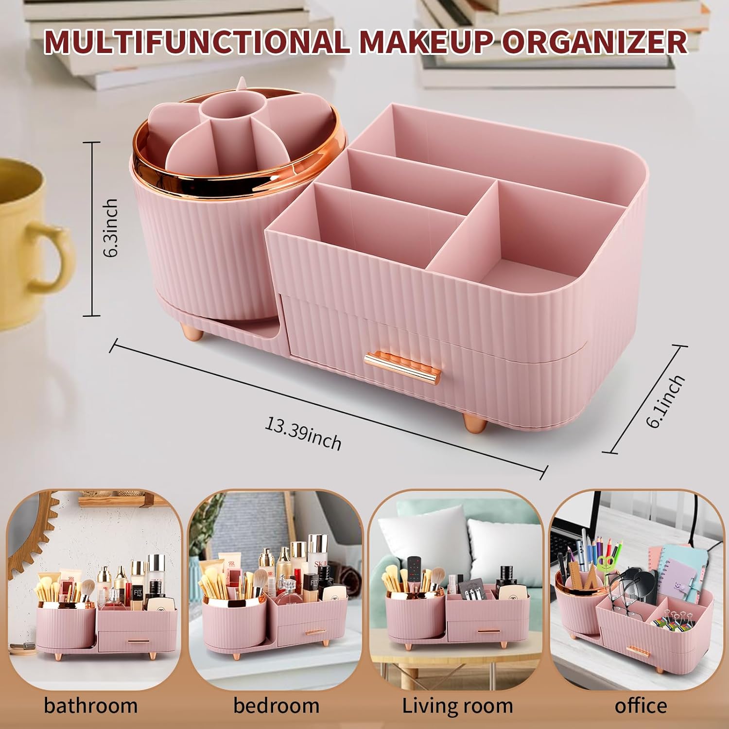 Makeup Organizer for Vanity, Cosmetic Display Case with Drawers, Fits Makeup, Skincare Products, Brushes, Lipsticks, and Other Accessories, Versatile Storage Solution (Pink)