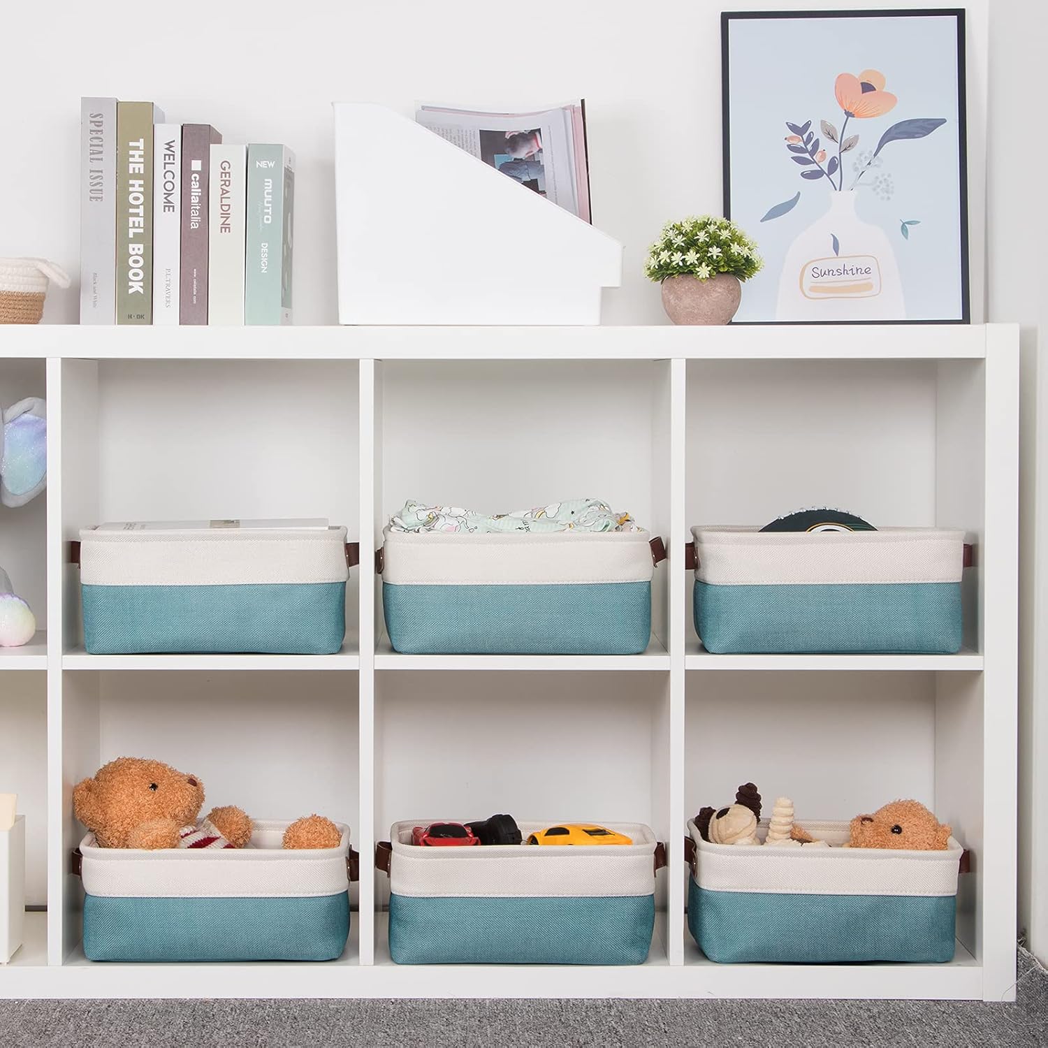 HNZIGE Storage Baskets Bins Set, (6 pack) Small Fabric Baskets for Shelves, Baskets for Gifts Empty with Handles for Organizing Shelf Nursery Home Closet Clothes room(White Teal, 11.8" x 7.8" x 5.1")