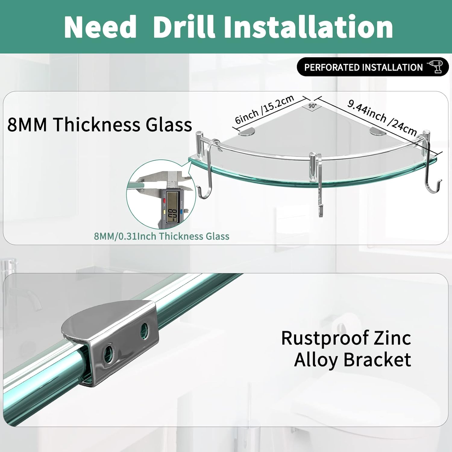 Glass Shower Shelves, Glass Bathroom Corner Shelf Wall Mounted Shelf Shampoo Holder Organizer Extra 8MM Thick Corner Shelves for Inside Shower with 3 Hooks