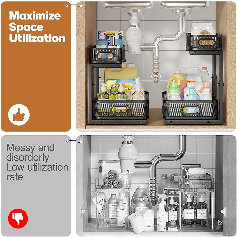 1 Pack 15.7IN-Depth Under Sink Organizer With Smooth Cylindrical Rail,2-Tier Pull Out Multi-Purpose Cabinet Storage for Bathroom&Kitchen,Height Adjustable,Rust-resistant Coating-Black