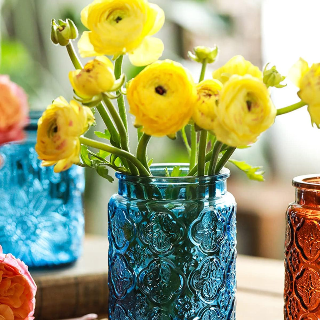 Vintage Glass Storage Jar with Solid Wood Lid - Sunflower Kitchen Canister for Coffee, Candy, Laundry Detergent - Cute Food Storage Jar for Pantry, Countertop (4 color-Begonia Flower, 23.7 Ounces)
