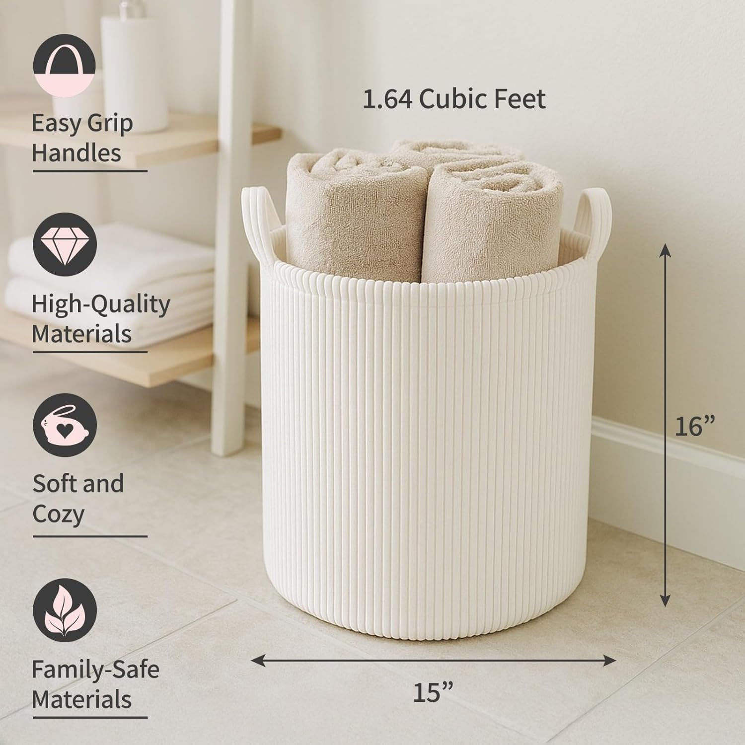 PUTSKA Blanket Basket – Round Storage for Toys and Blankets, Clothes, Stuffed Animals – Soft Baby Girl Basket for Nursery, Kids Room, Bedroom, Living Room – Large, Cream