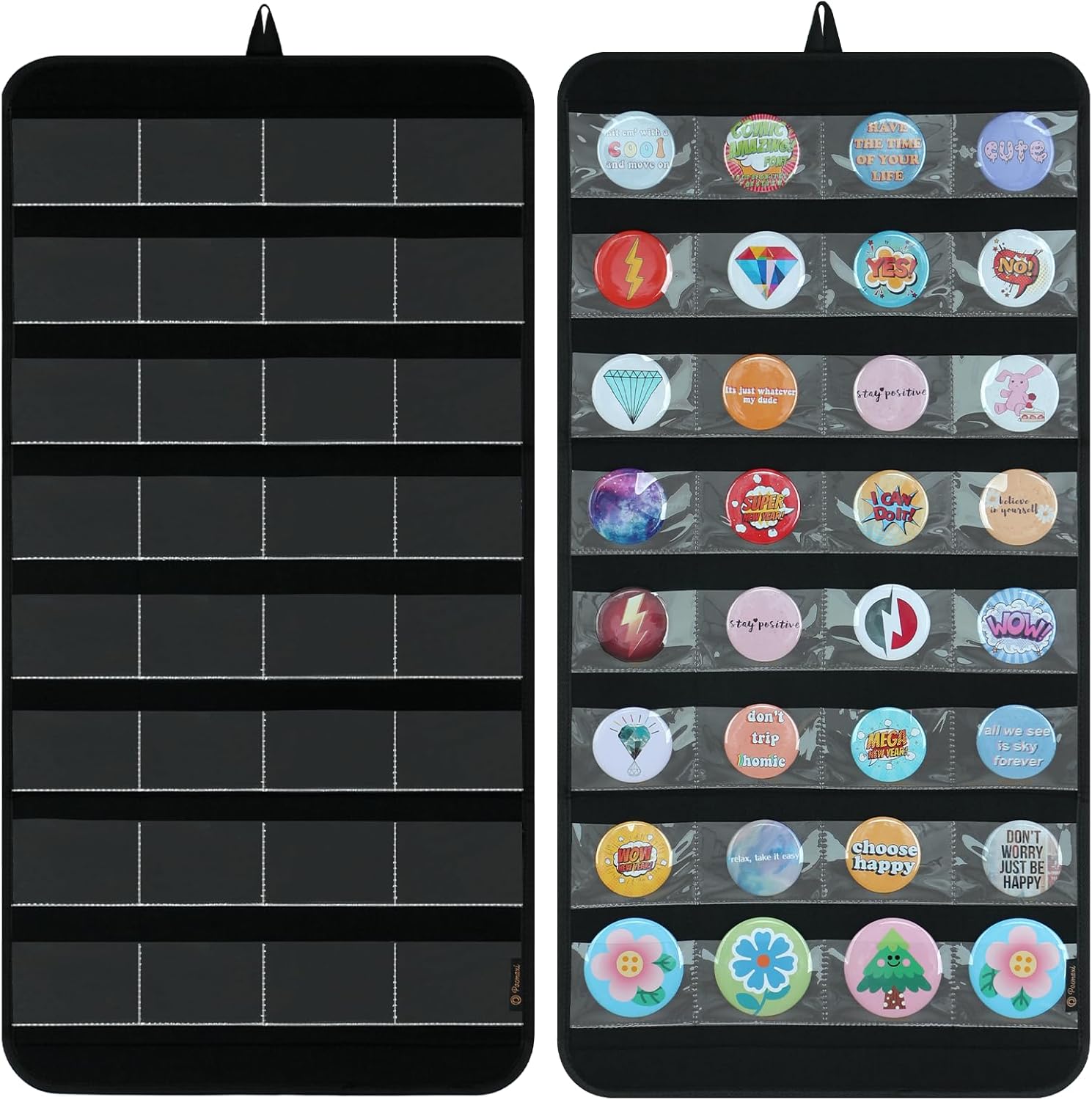 PACMAXI Hanging Badge Button Pin Organizer Display Storage Stand, Enamel Mini Button Pins Display Holder, Hold Up To 32 Pins. (Black-32 Pockets)