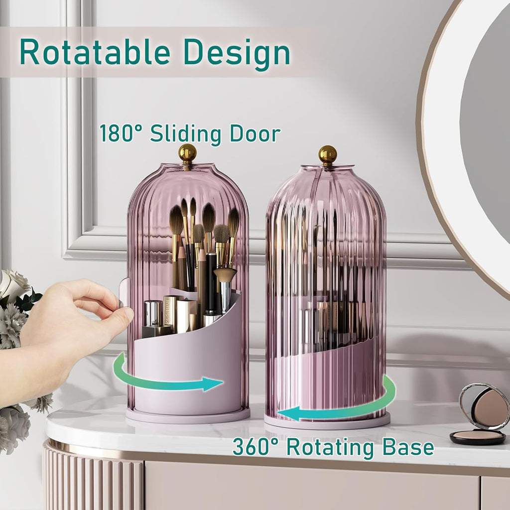 GAXmi Makeup Brush Holder with Lid Cosmetic Tools Organizer 360 Rotating Waterproof Dustproof Beauty Brushes Storage for Vanity, Pink-Purple