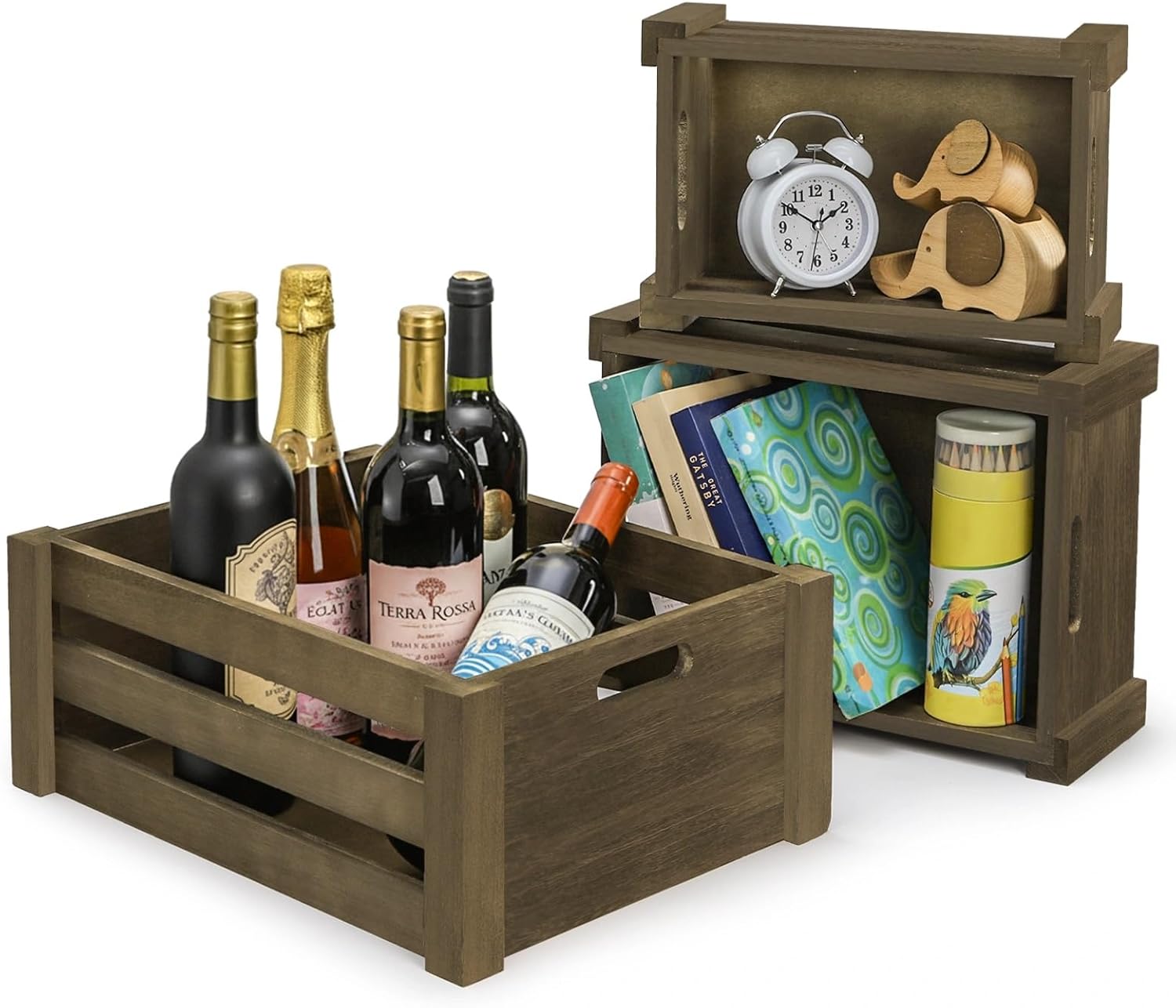 Lawei Set of 3 Wood Nesting Storage Crates with Handle, Rustic Farmhouse Decorative Wooden Crates Distressed Crates Storage Container for Display, Large Vintage Wood Decor Crates Wooden Baskets