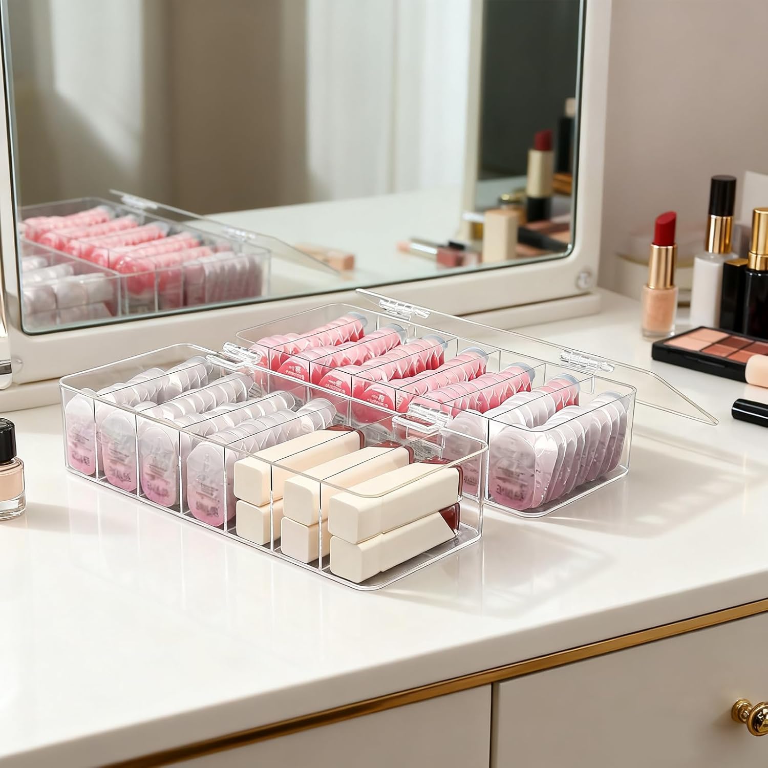 2 Pack Clear Acrylic Makeup Organizers, 7-Section Bathroom Organizer for Drawer, Cosmetic Display Cases with Lid, Blushes Highlighters Eyeshadow Powder Makeup Organizer Holder Storage
