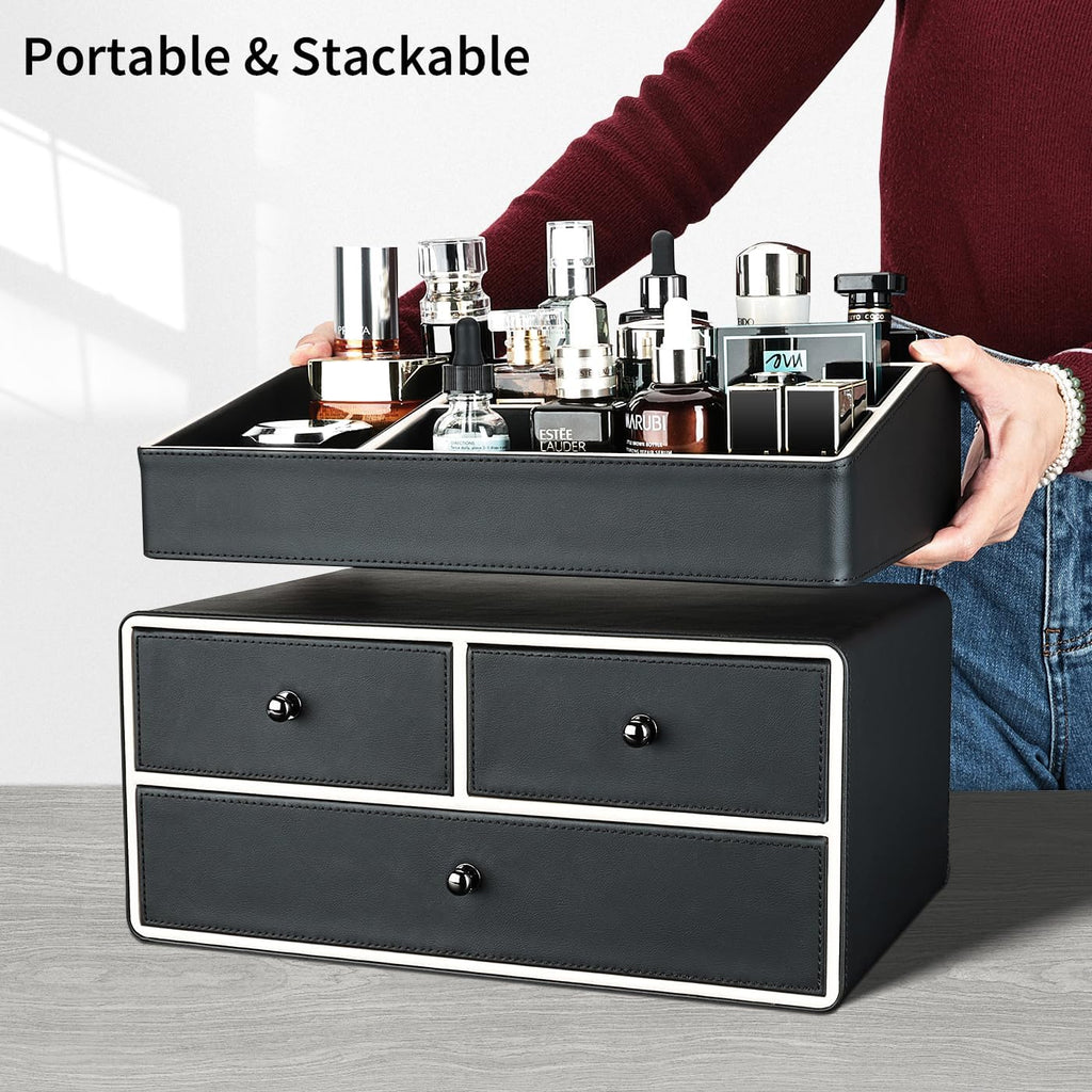 KINGFOM 2 Tier PU Leather Makeup Organizer with 3 Drawers, Cosmetic Storage Organizers for vanity Dresser Countertop and Bathroom Vanity, Beauty Holder for Lipstick Brush Skincare (Black)