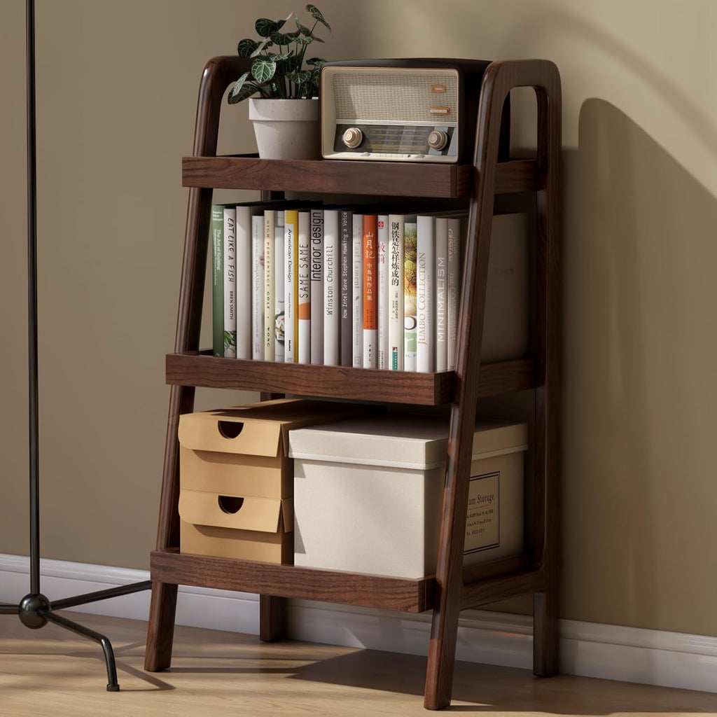 100% Solid Oak 3 Tier Ladder Shelf, Small Bookshelf, Ladder Bookshelf, Bookcase with Stable Frame, Small Table for Living Room Bedroom(Walnut, 12.6" L x 17.72" W x 31.5" H)