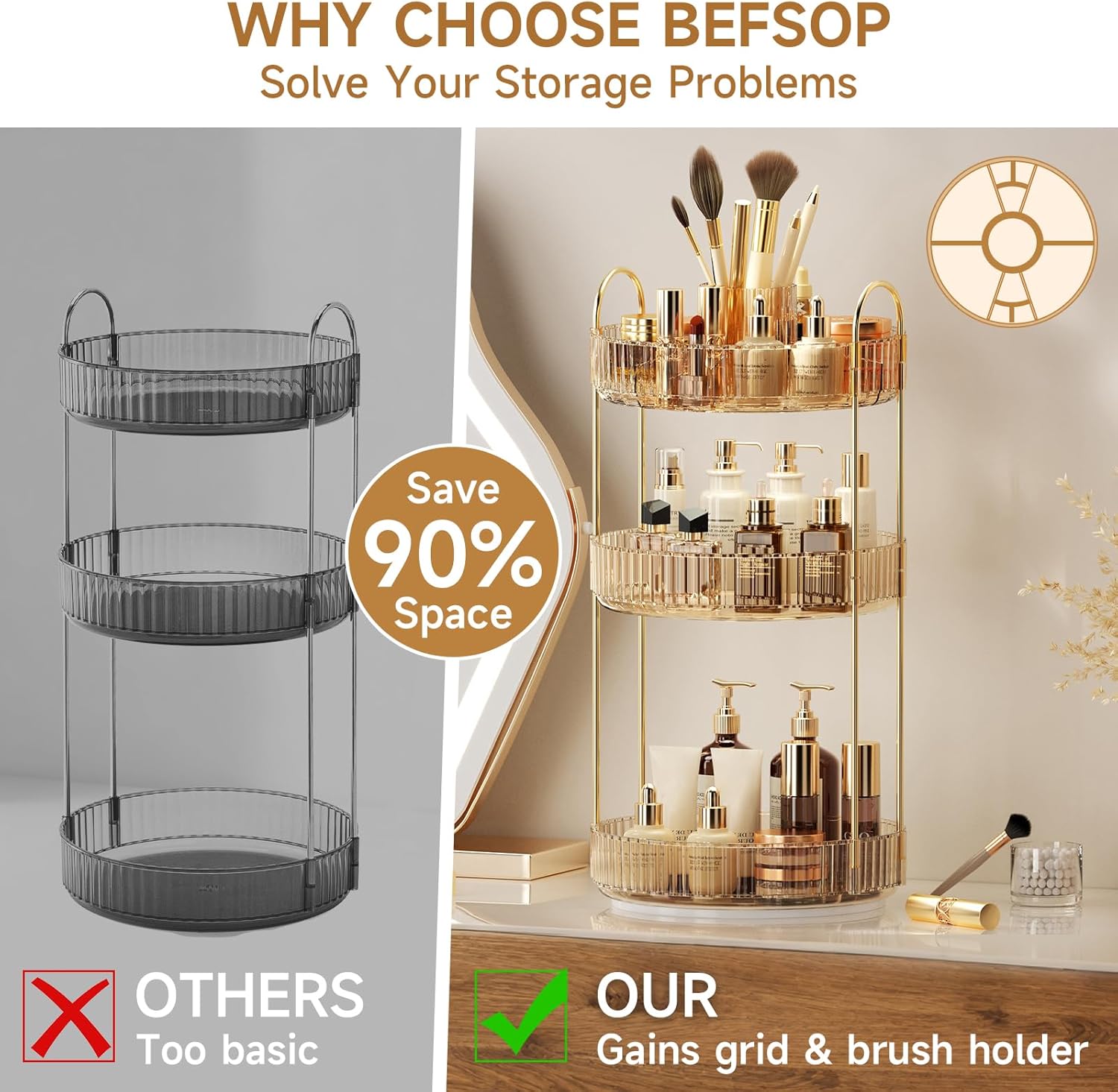 360° Rotating Makeup Organizer, Upgraded 3 Tier Skincare Perfume Organizers for Women, Bathroom Organizer Countertop, Clear Cosmetic Dresser Organizer with Makeup Brush Holder, Sink&Counter(Amber)